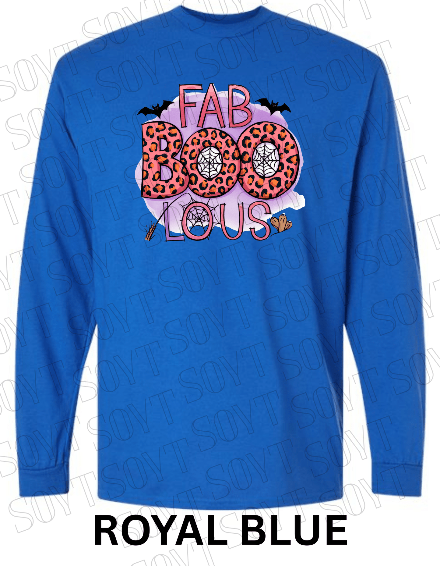 FAB - BOO - LOUS Halloween Long Sleeve Shirt – Leopard BOO, Spider Web & Bat Graphic - Festive Apparel StoreRoyal Blue