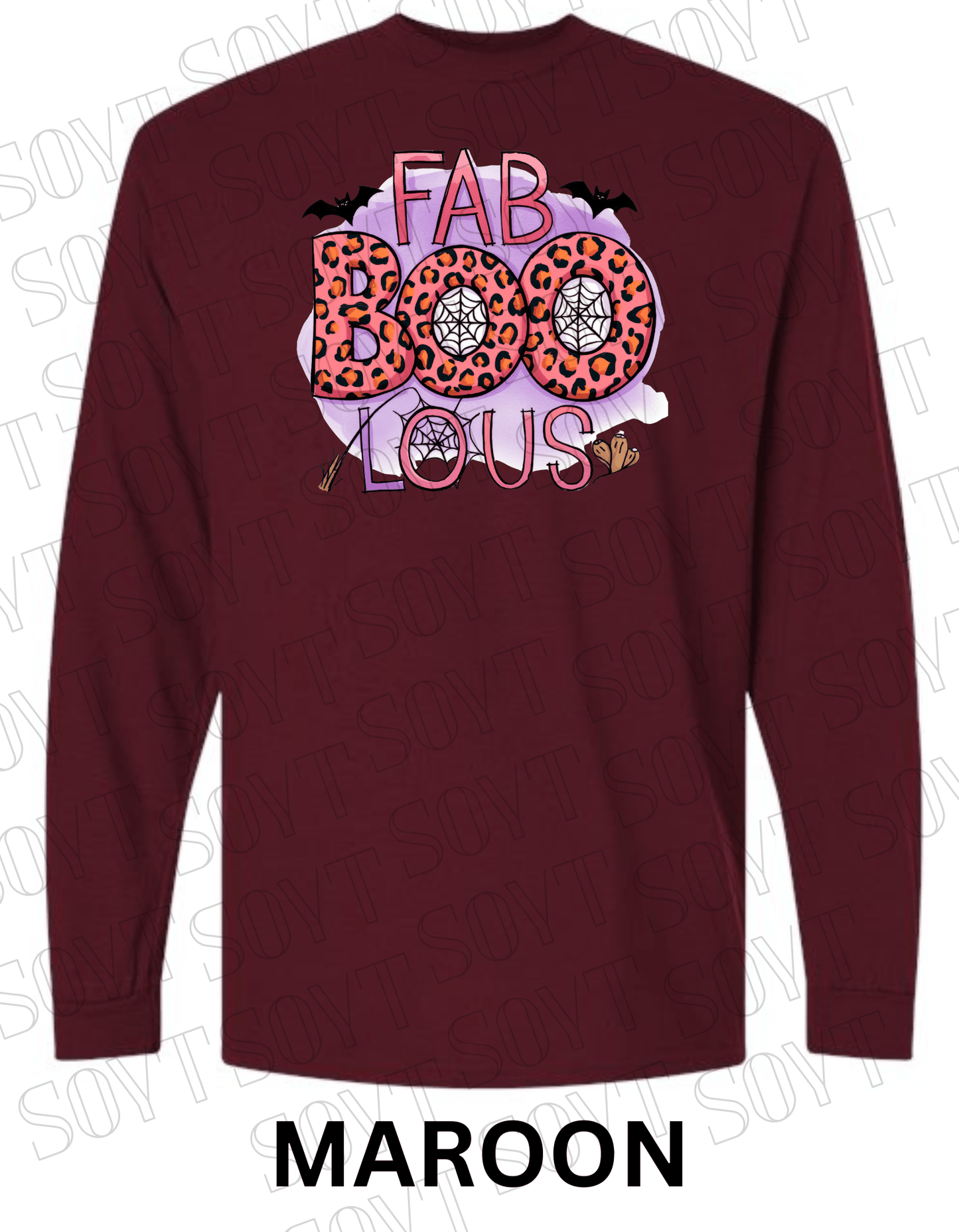 FAB - BOO - LOUS Halloween Long Sleeve Shirt – Leopard BOO, Spider Web & Bat Graphic - Festive Apparel StoreMaroon