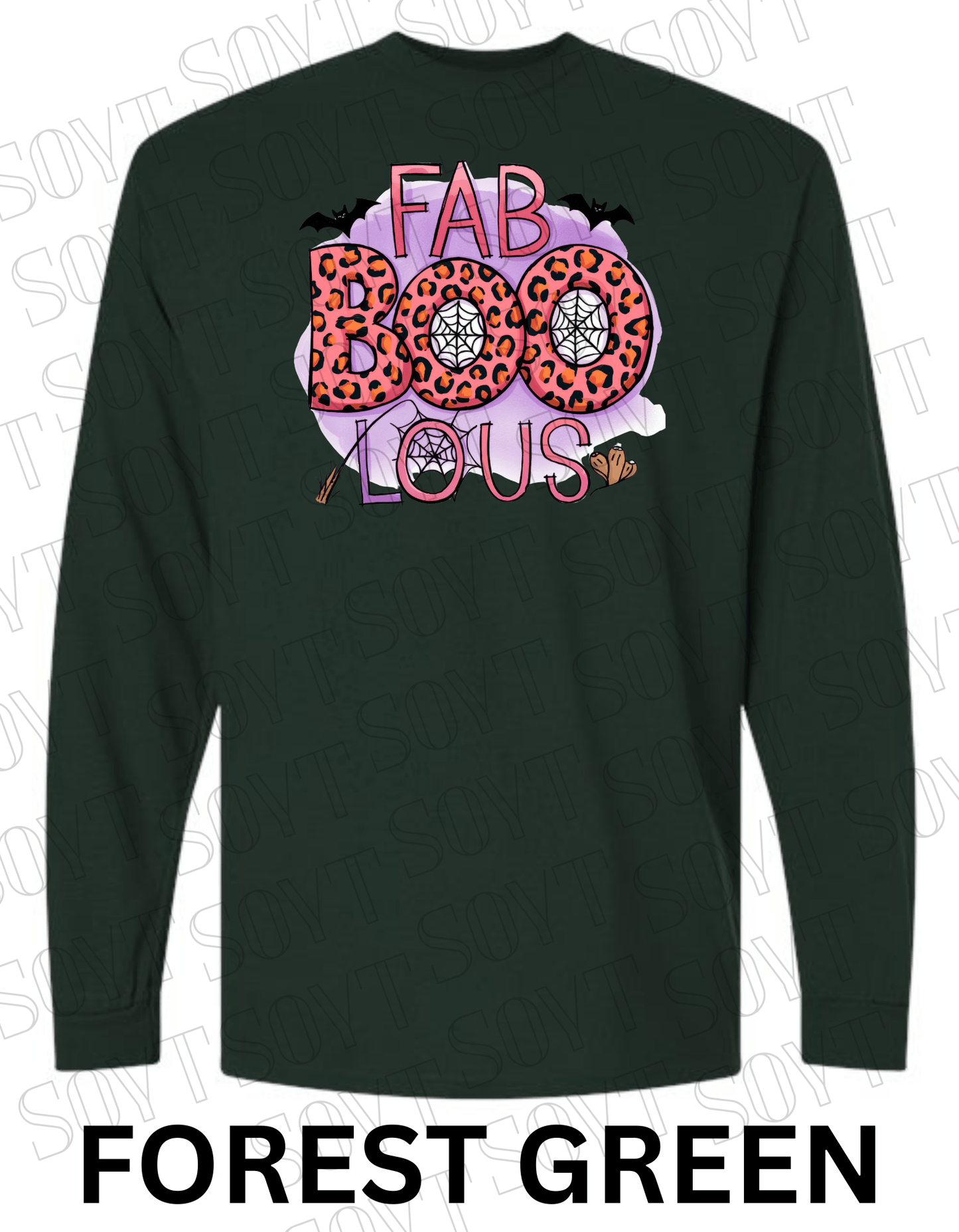 FAB - BOO - LOUS Halloween Long Sleeve Shirt – Leopard BOO, Spider Web & Bat Graphic - Festive Apparel StoreForest Green
