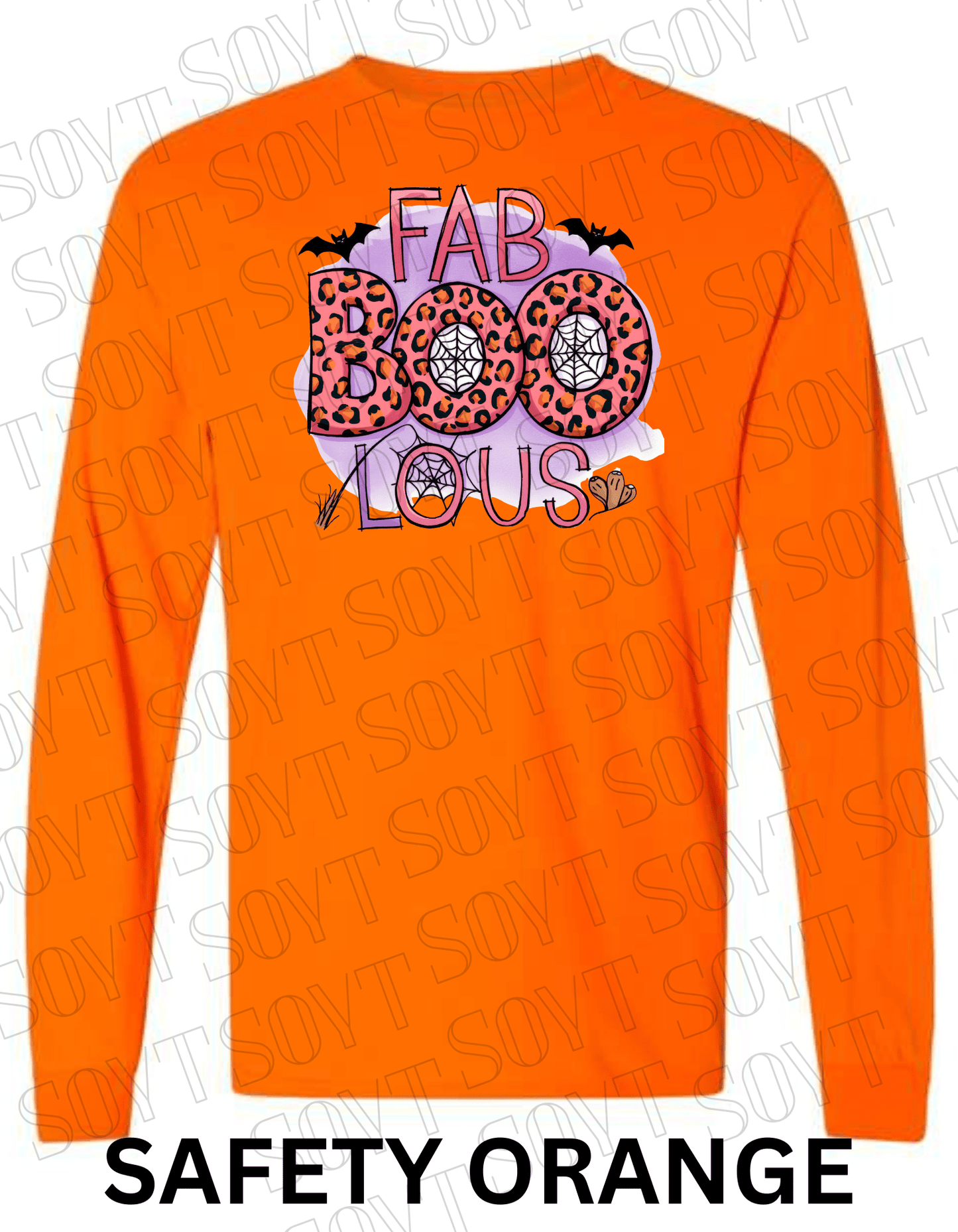 FAB - BOO - LOUS Halloween Long Sleeve Shirt – Leopard BOO, Spider Web & Bat Graphic - Festive Apparel StoreSafety Orange