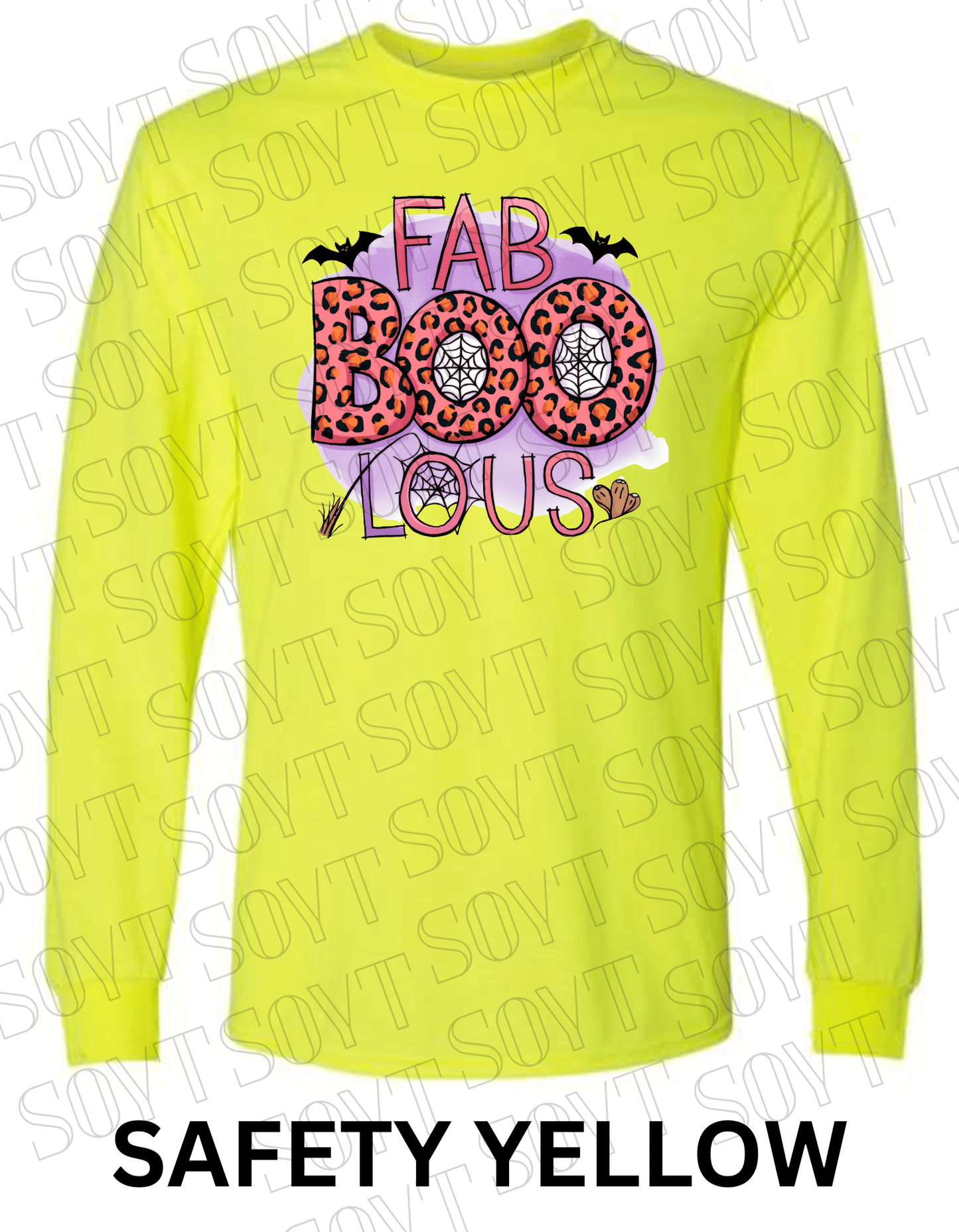 FAB - BOO - LOUS Halloween Long Sleeve Shirt – Leopard BOO, Spider Web & Bat Graphic - Festive Apparel StoreSafety Yellow