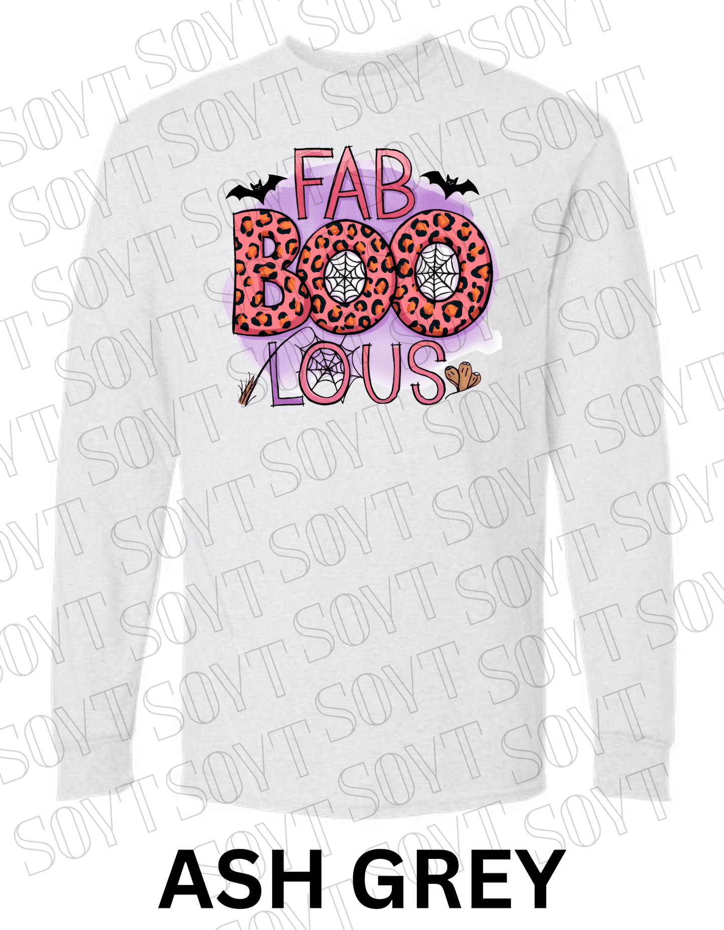 FAB - BOO - LOUS Halloween Long Sleeve Shirt – Leopard BOO, Spider Web & Bat Graphic - Festive Apparel StoreAsh Gray