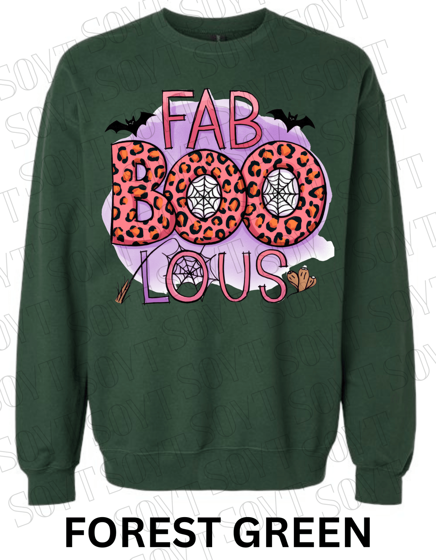 FAB - BOO - LOUS Halloween Sweatshirt – Leopard BOO, Spiderweb & Bat Graphic Pullover - Festive Apparel StoreForest Green