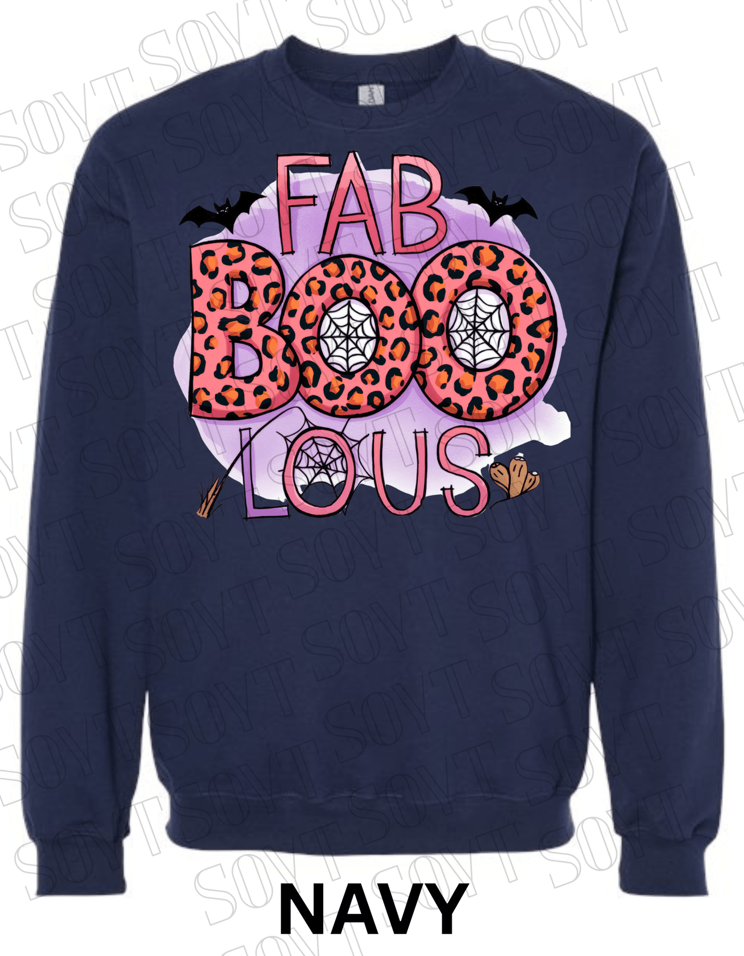 FAB - BOO - LOUS Halloween Sweatshirt – Leopard BOO, Spiderweb & Bat Graphic Pullover - Festive Apparel StoreNavy Blue