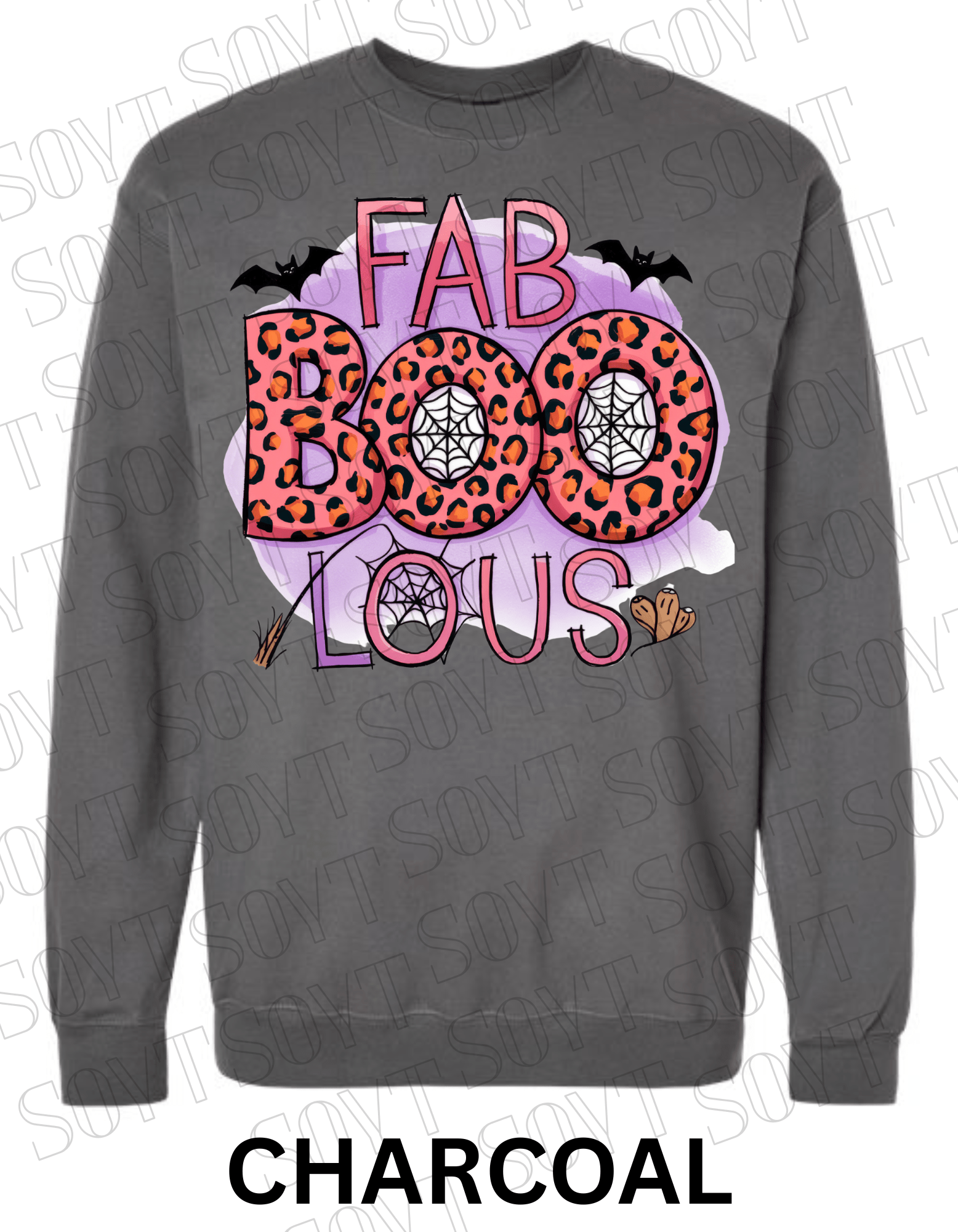 FAB - BOO - LOUS Halloween Sweatshirt – Leopard BOO, Spiderweb & Bat Graphic Pullover - Festive Apparel StoreCharcoal