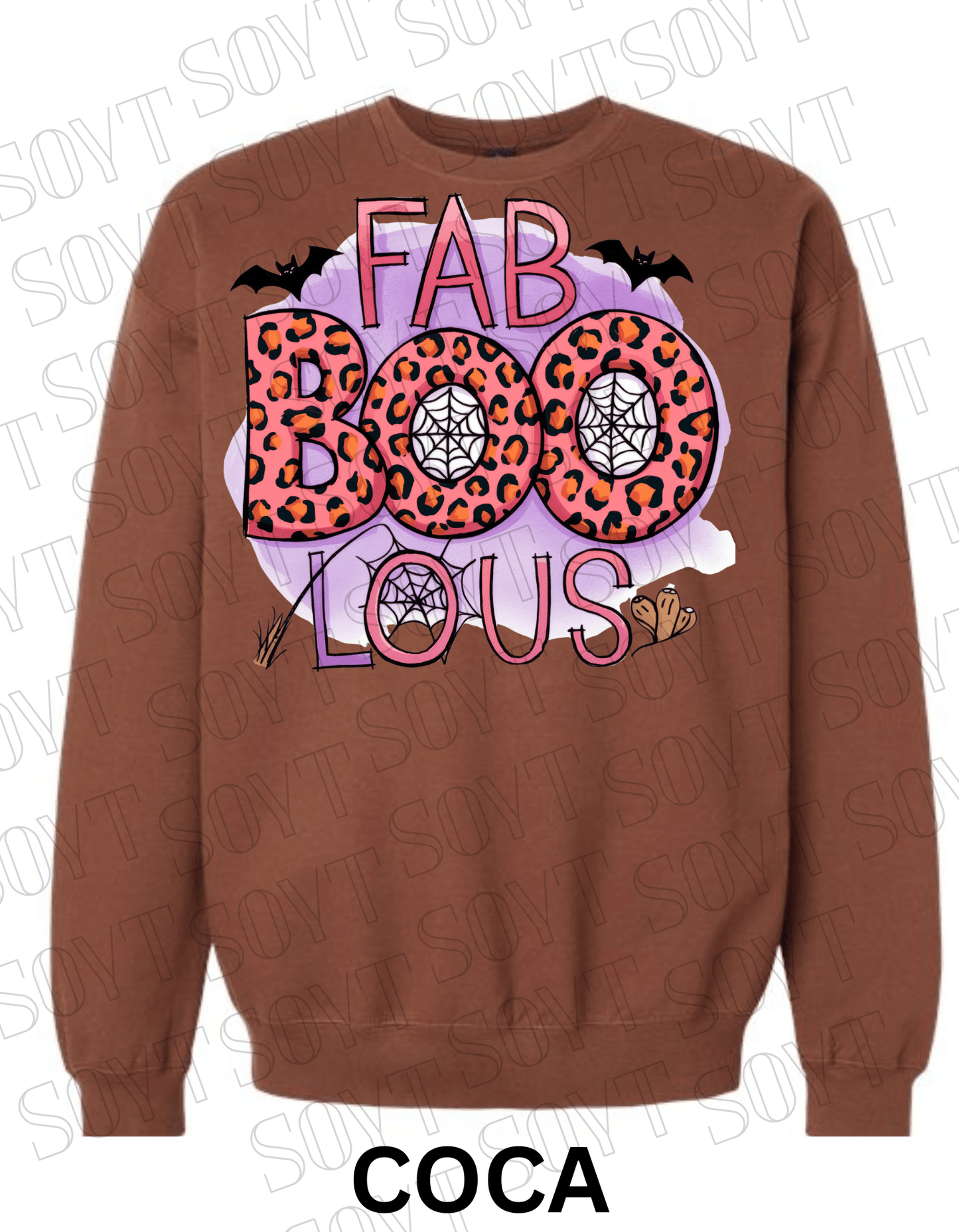 FAB - BOO - LOUS Halloween Sweatshirt – Leopard BOO, Spiderweb & Bat Graphic Pullover - Festive Apparel StoreCocoa Brown