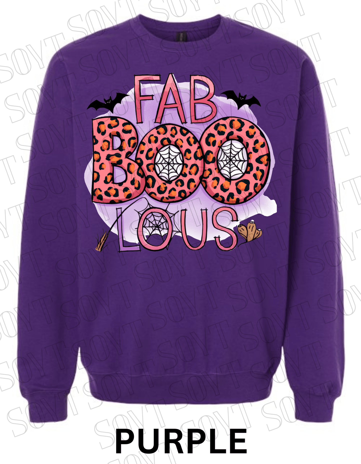 FAB - BOO - LOUS Halloween Sweatshirt – Leopard BOO, Spiderweb & Bat Graphic Pullover - Festive Apparel StorePurple