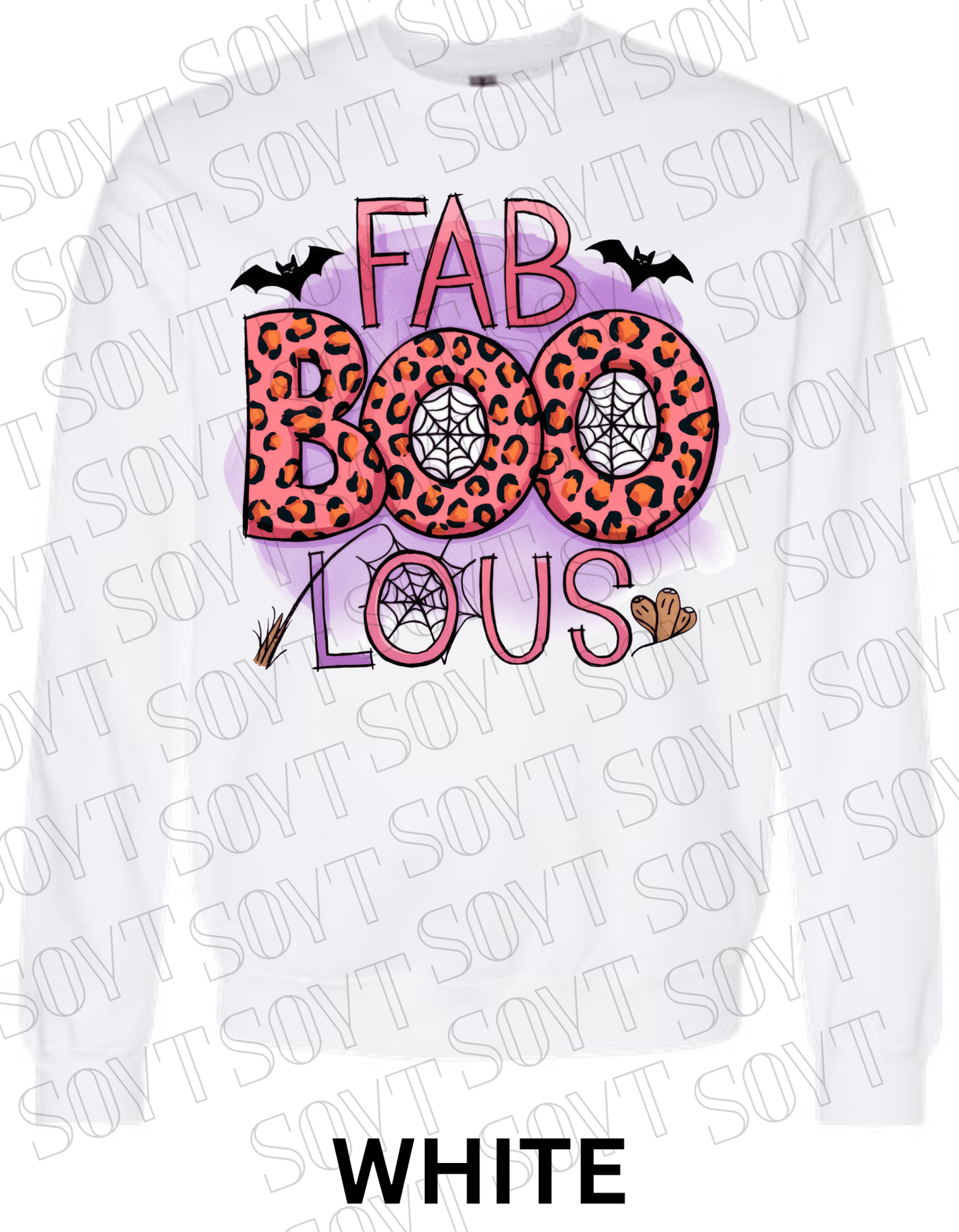 FAB - BOO - LOUS Halloween Sweatshirt – Leopard BOO, Spiderweb & Bat Graphic Pullover - Festive Apparel StoreWhite