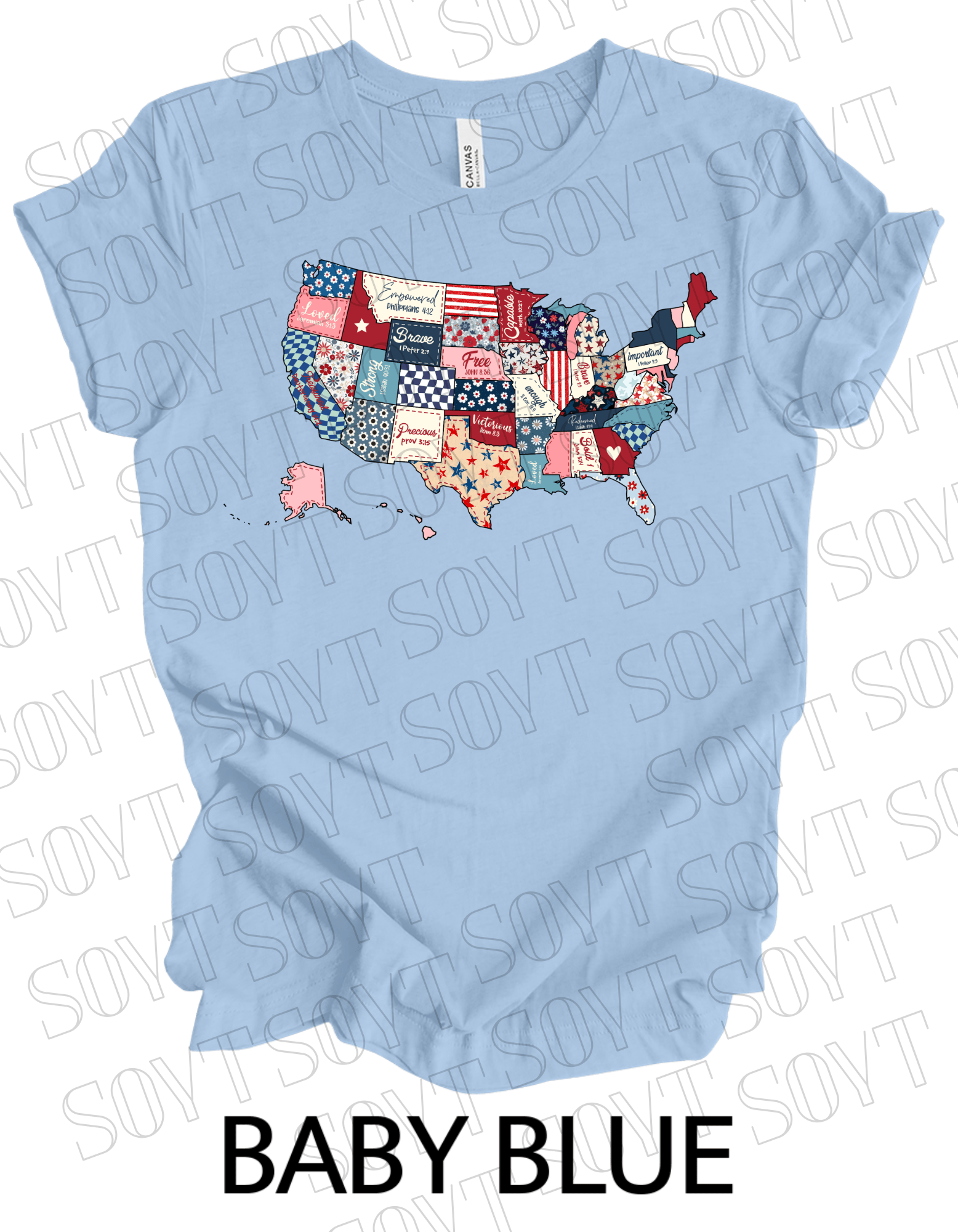 Faith and Freedom USA Map T-Shirt – Bella+Canvas Christian Patriotic Tee - Festive Apparel StoreBaby Blue