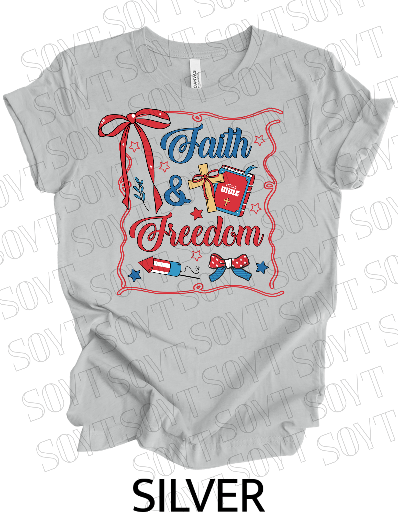 Faith & Freedom T-Shirt – Patriotic Christian 4th of July Tee with Bible & Cross | Made in USA - Festive Apparel StoreSilver