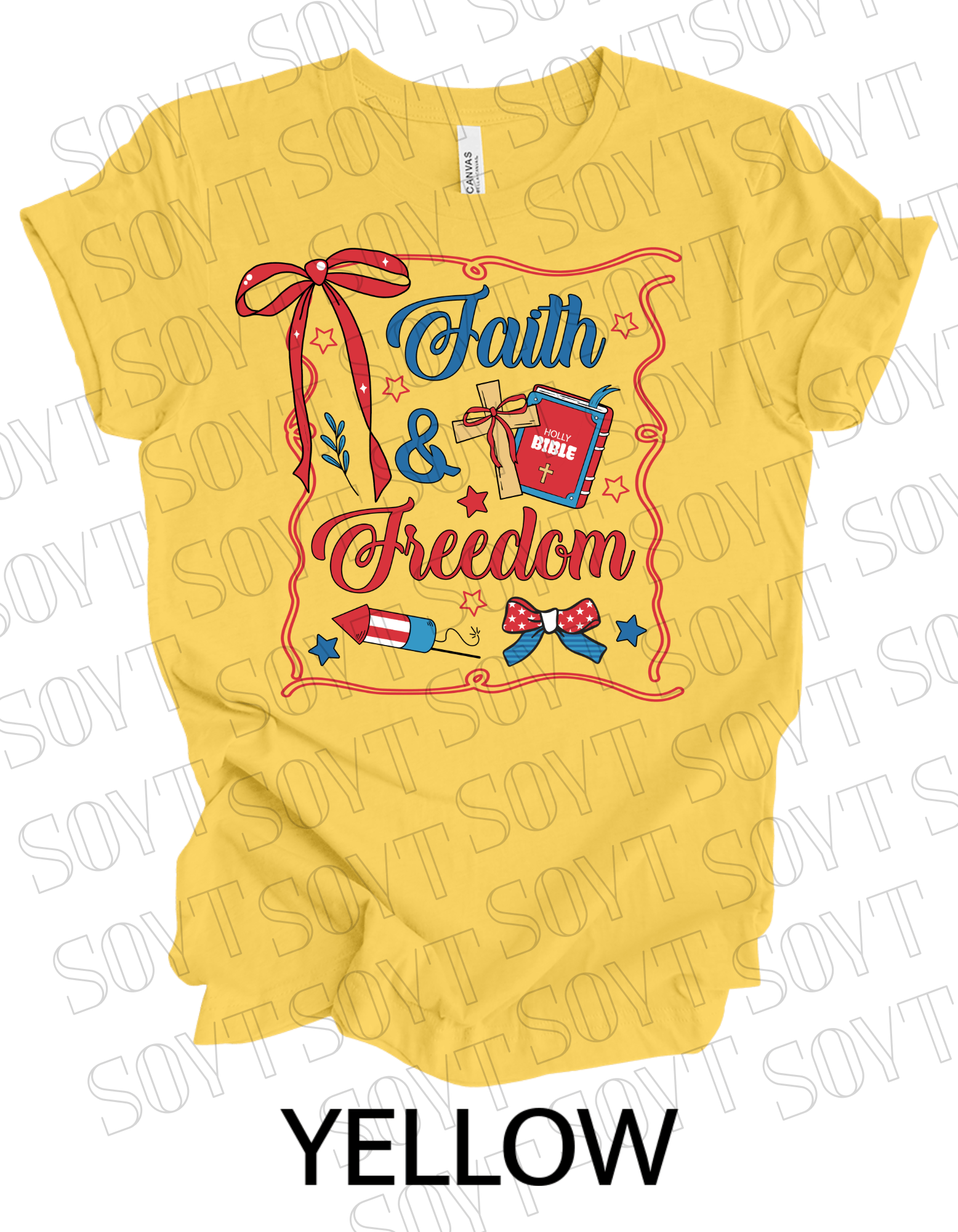 Faith & Freedom T-Shirt – Patriotic Christian 4th of July Tee with Bible & Cross | Made in USA - Festive Apparel StoreYellow
