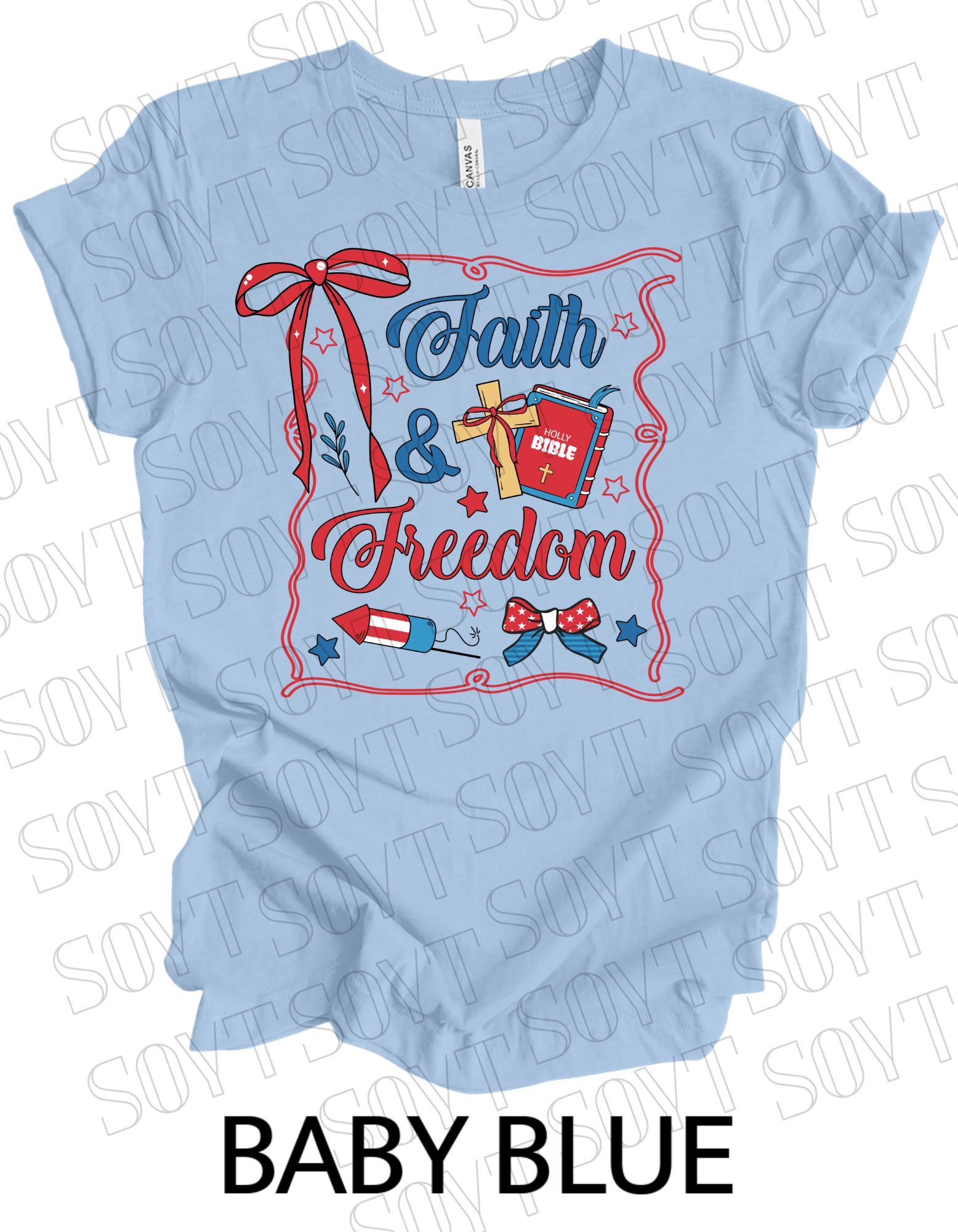 Faith & Freedom T-Shirt – Patriotic Christian 4th of July Tee with Bible & Cross | Made in USA - Festive Apparel StoreBaby Blue