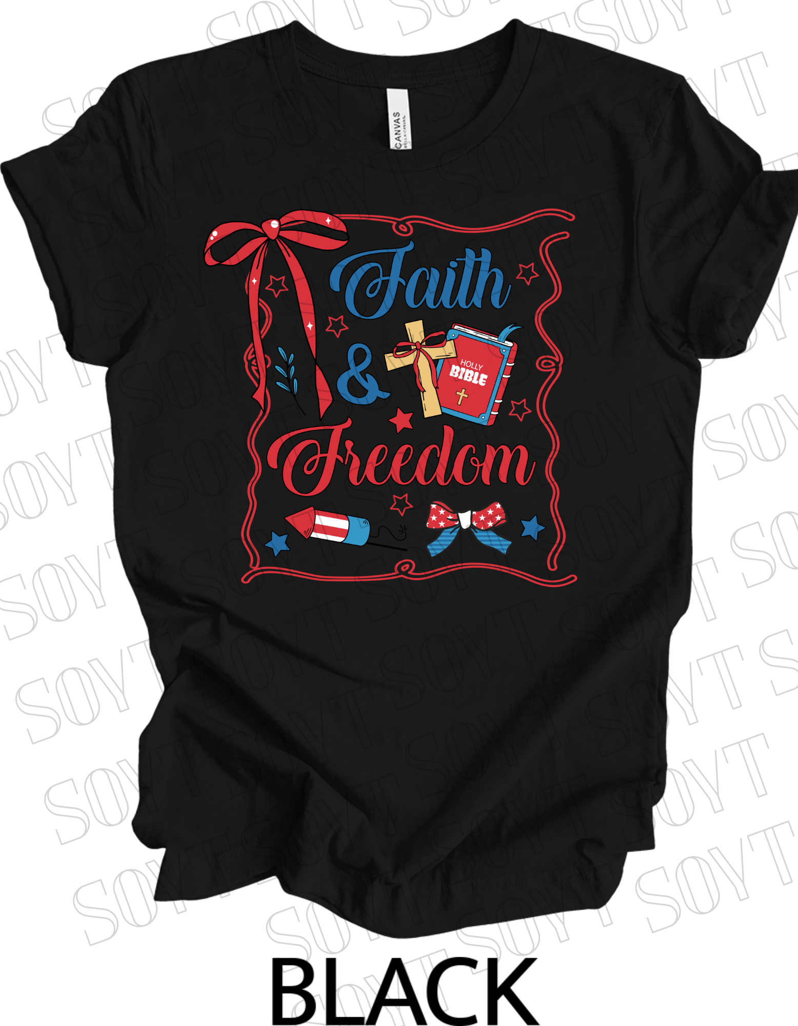 Faith & Freedom T-Shirt – Patriotic Christian 4th of July Tee with Bible & Cross | Made in USA - Festive Apparel StoreBlack