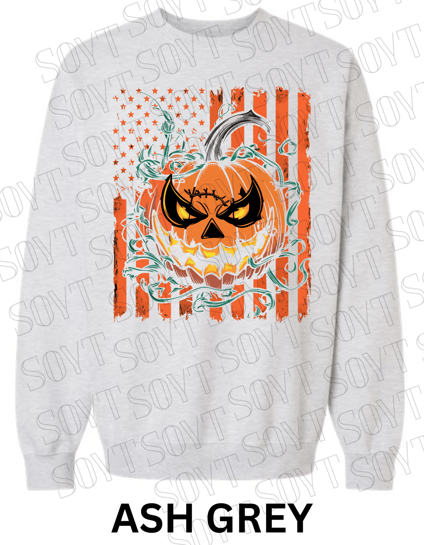 Fierce Jack - O’ - Lantern Halloween Sweatshirt – Distressed Flag & Angry Pumpkin Pullover - Festive Apparel StoreAsh Grey