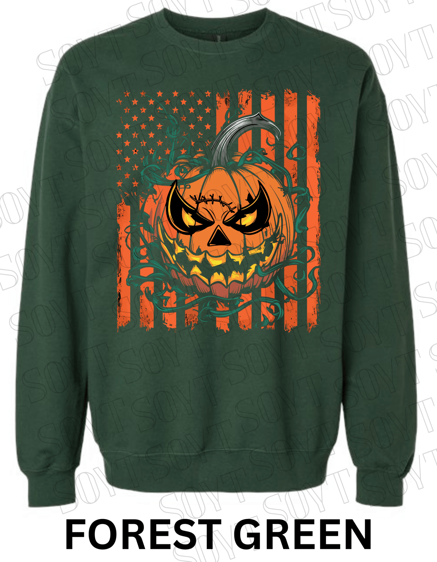 Fierce Jack - O’ - Lantern Halloween Sweatshirt – Distressed Flag & Angry Pumpkin Pullover - Festive Apparel StoreForest Green