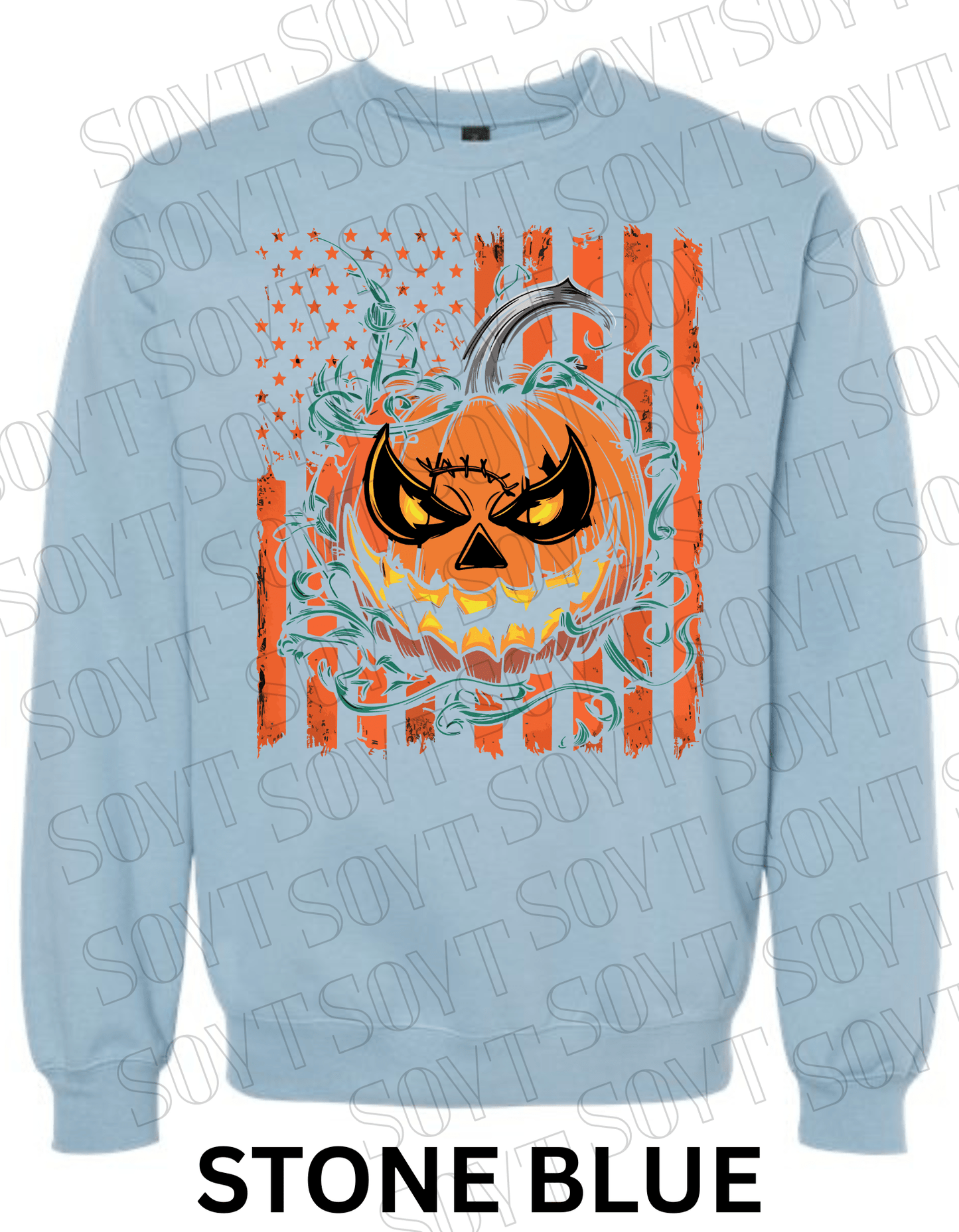 Fierce Jack - O’ - Lantern Halloween Sweatshirt – Distressed Flag & Angry Pumpkin Pullover - Festive Apparel StoreStone Blue