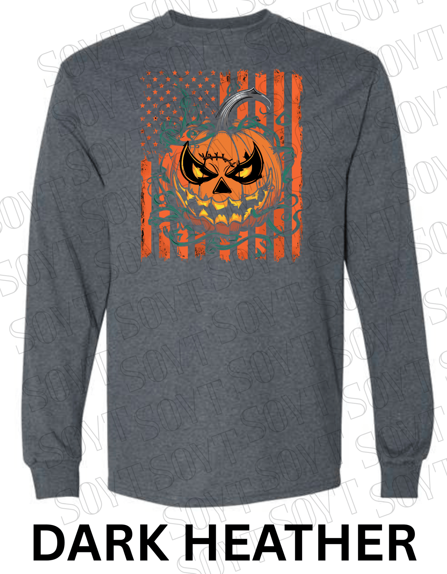 Fierce Jack - O’ - Lantern Long Sleeve Shirt – Halloween Pumpkin & Flag Graphic - Festive Apparel StoreDark Heather