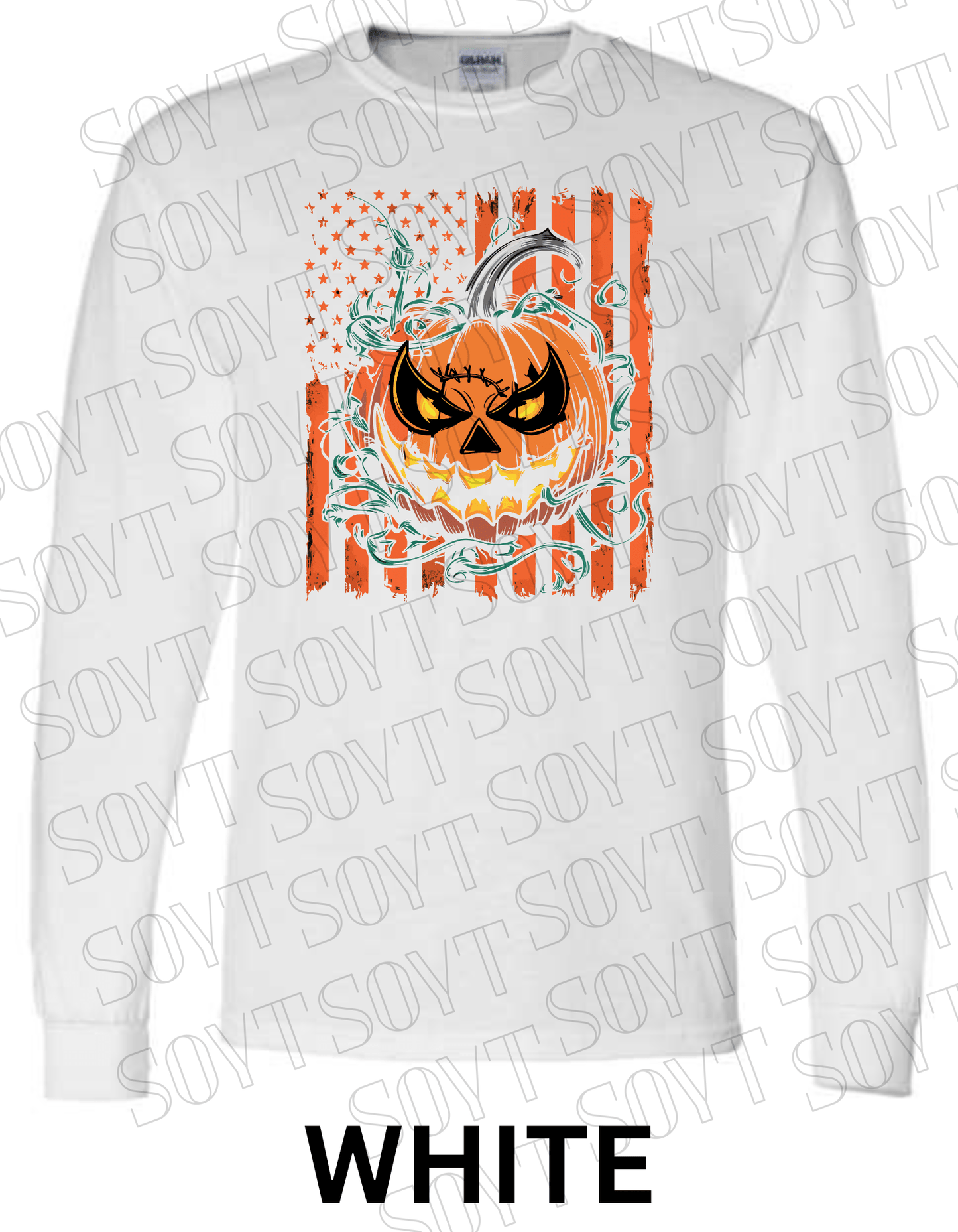Fierce Jack - O’ - Lantern Long Sleeve Shirt – Halloween Pumpkin & Flag Graphic - Festive Apparel StoreWhite