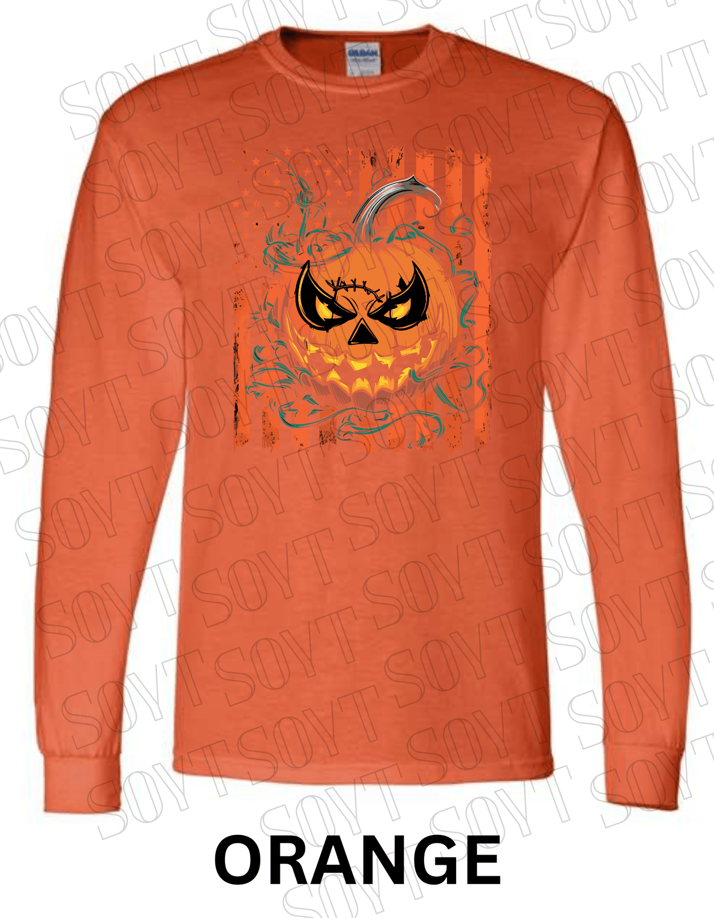 Fierce Jack - O’ - Lantern Long Sleeve Shirt – Halloween Pumpkin & Flag Graphic - Festive Apparel StoreOrange