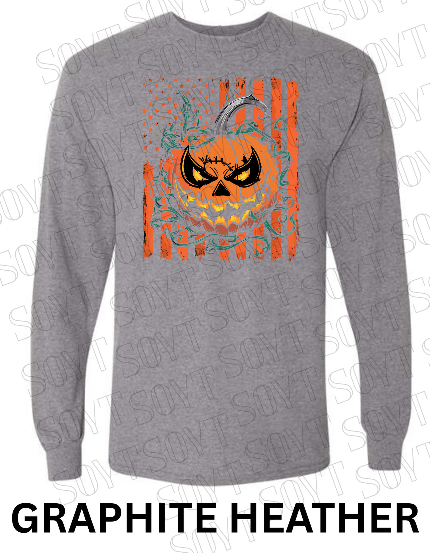 Fierce Jack - O’ - Lantern Long Sleeve Shirt – Halloween Pumpkin & Flag Graphic - Festive Apparel StoreGraphite Heather