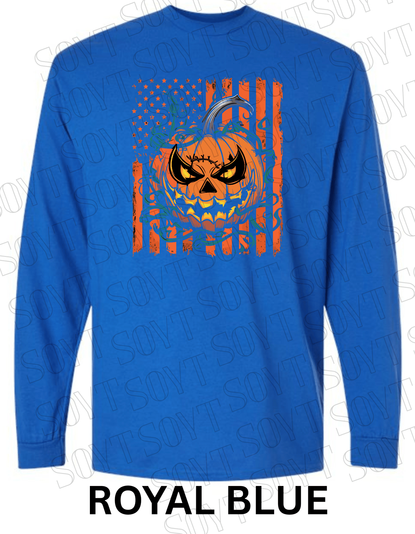 Fierce Jack - O’ - Lantern Long Sleeve Shirt – Halloween Pumpkin & Flag Graphic - Festive Apparel StoreRoyal Blue