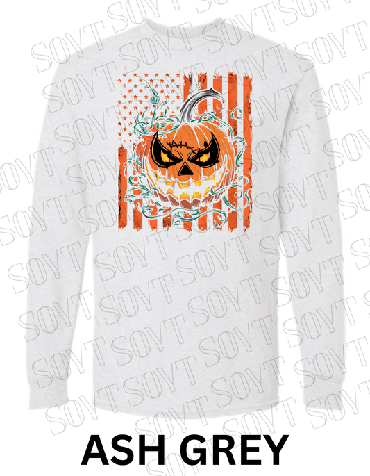 Fierce Jack - O’ - Lantern Long Sleeve Shirt – Halloween Pumpkin & Flag Graphic - Festive Apparel StoreAsh Gray