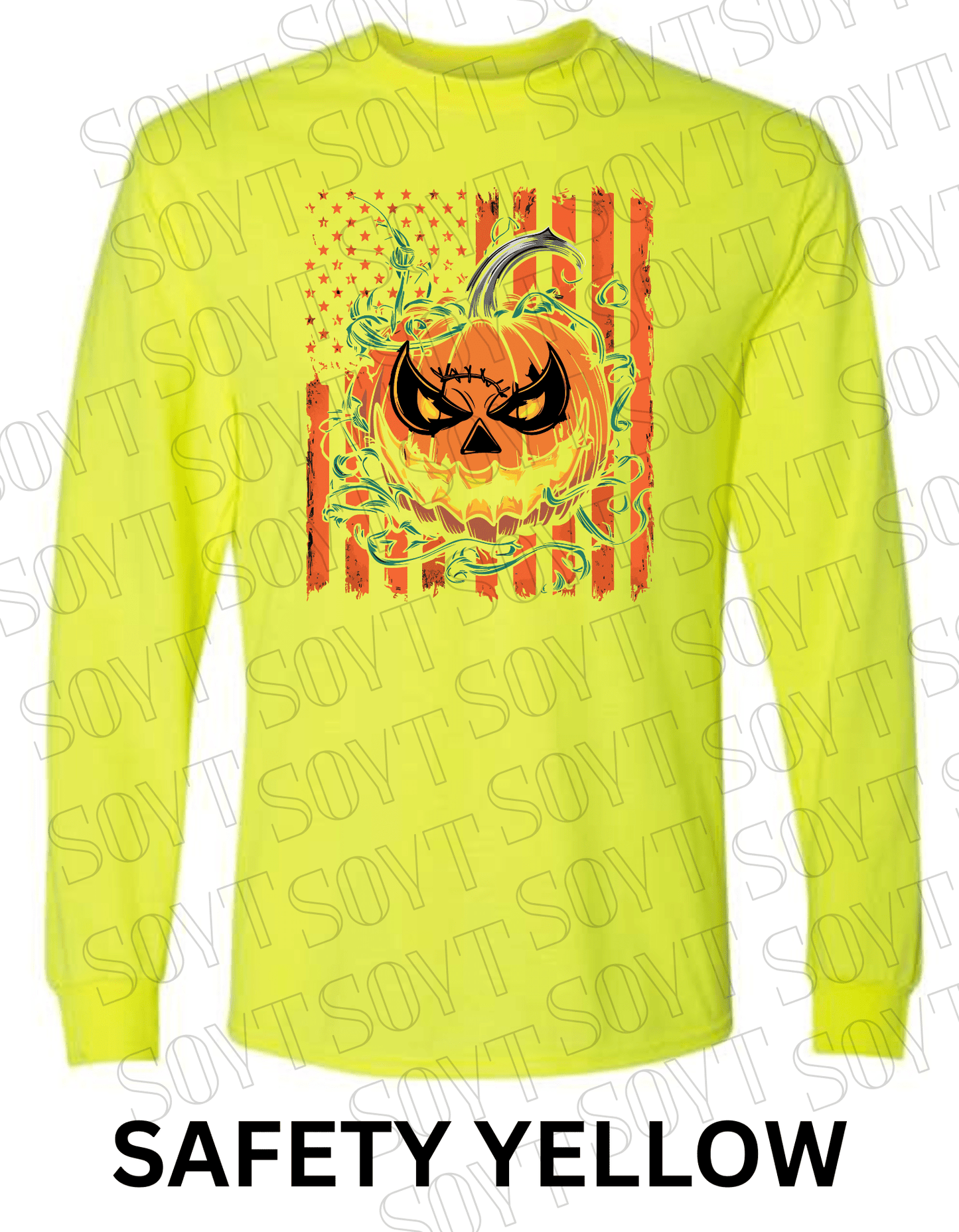 Fierce Jack - O’ - Lantern Long Sleeve Shirt – Halloween Pumpkin & Flag Graphic - Festive Apparel StoreSafety Yellow