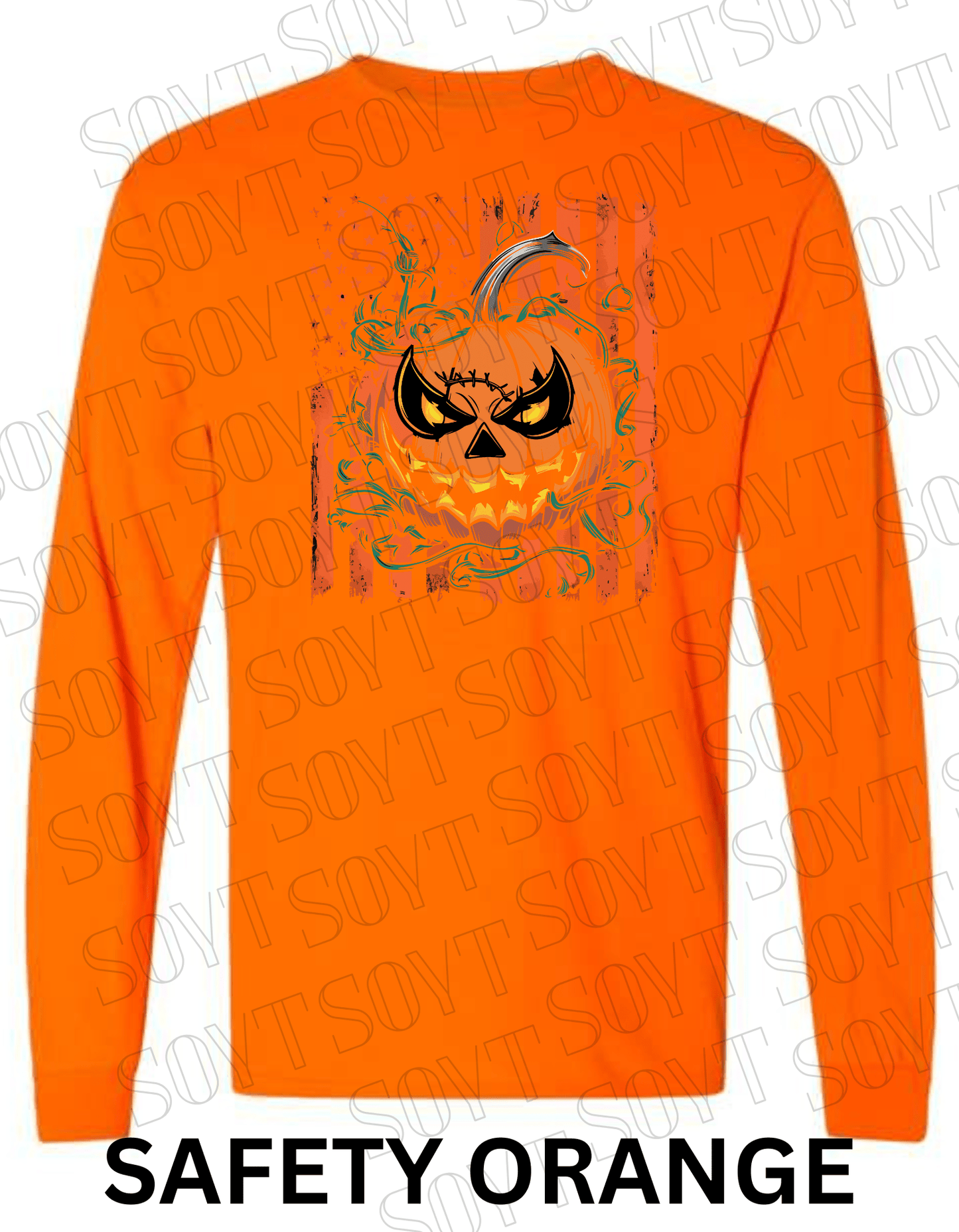 Fierce Jack - O’ - Lantern Long Sleeve Shirt – Halloween Pumpkin & Flag Graphic - Festive Apparel StoreSafety Orange