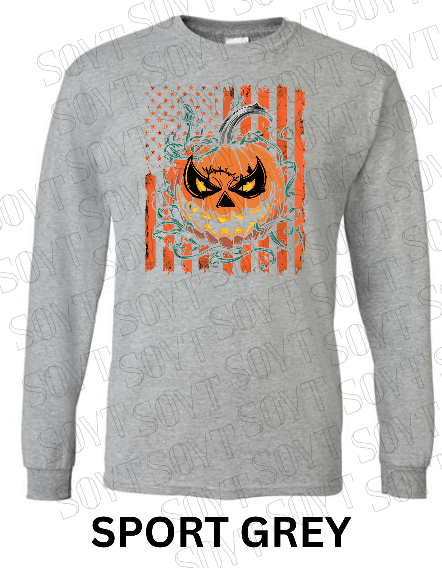 Fierce Jack - O’ - Lantern Long Sleeve Shirt – Halloween Pumpkin & Flag Graphic - Festive Apparel StoreSport Grey