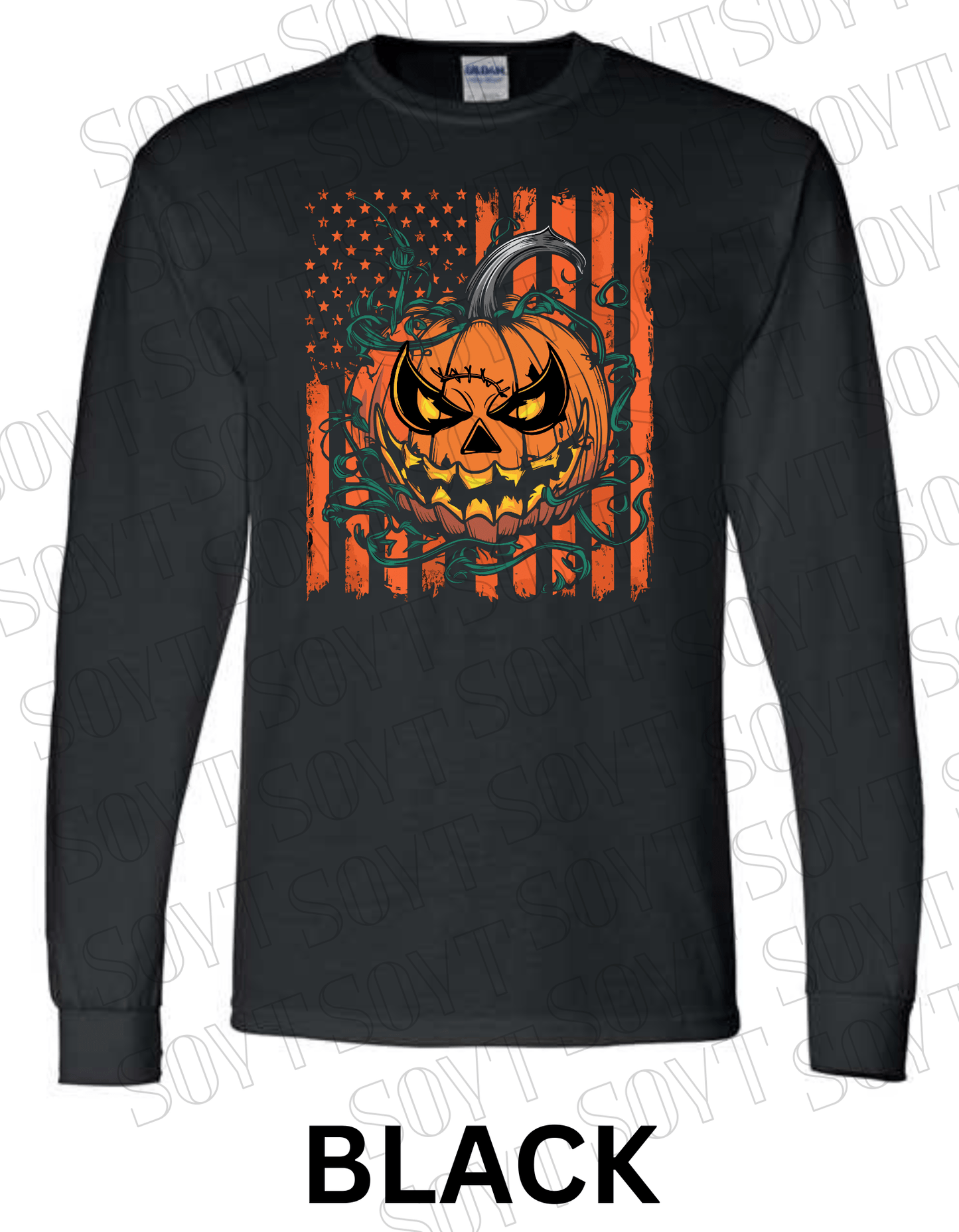Fierce Jack - O’ - Lantern Long Sleeve Shirt – Halloween Pumpkin & Flag Graphic - Festive Apparel StoreBlack
