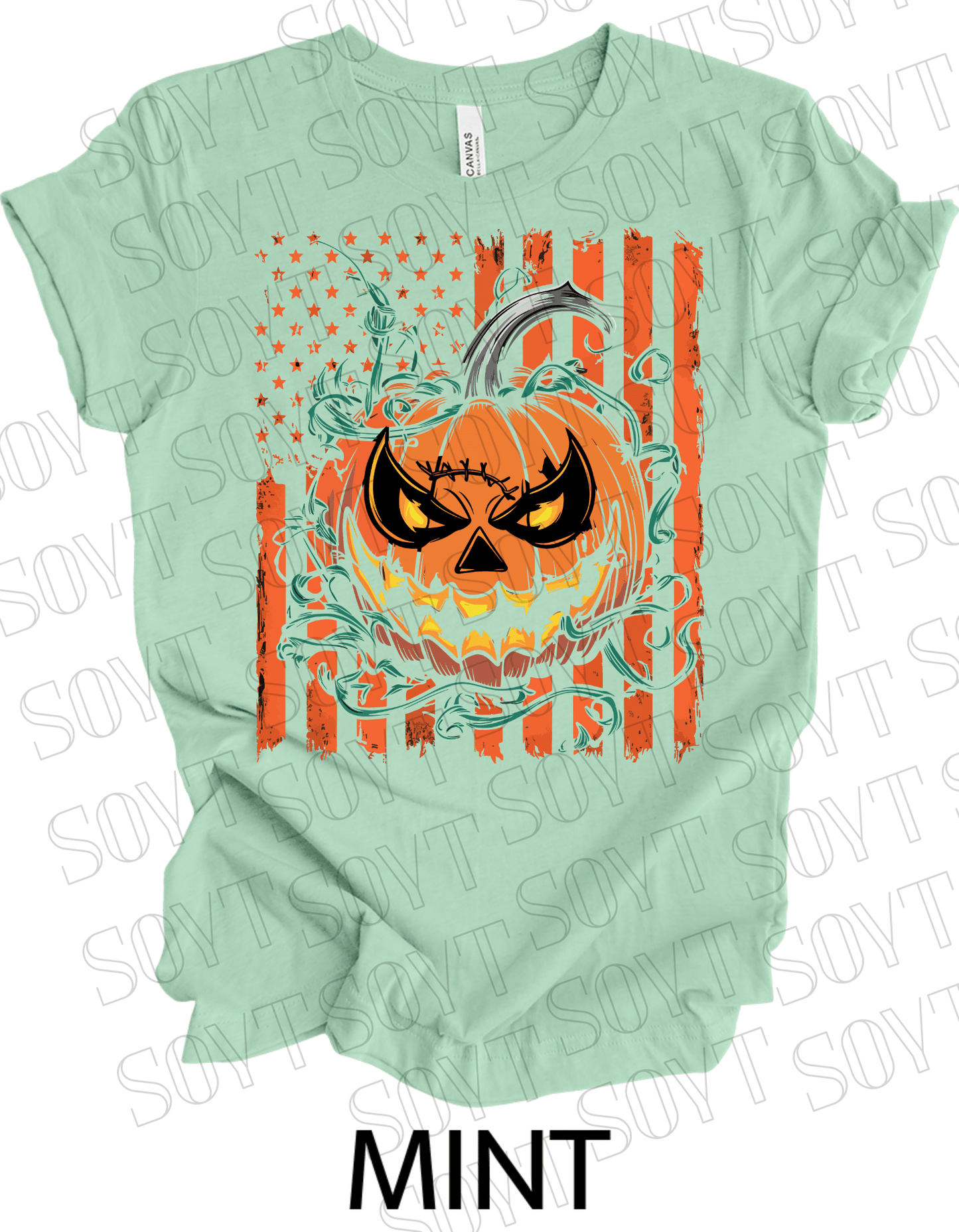 Fierce Jack - O’ - Lantern T-Shirt – Halloween Pumpkin Face with American Flag Graphic Tee - Festive Apparel StoreMint