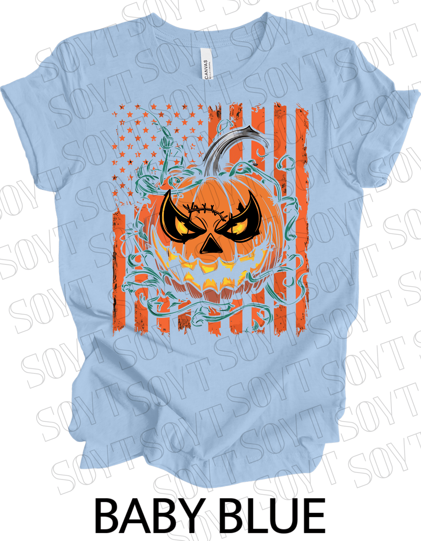 Fierce Jack - O’ - Lantern T-Shirt – Halloween Pumpkin Face with American Flag Graphic Tee - Festive Apparel StoreBaby Blue