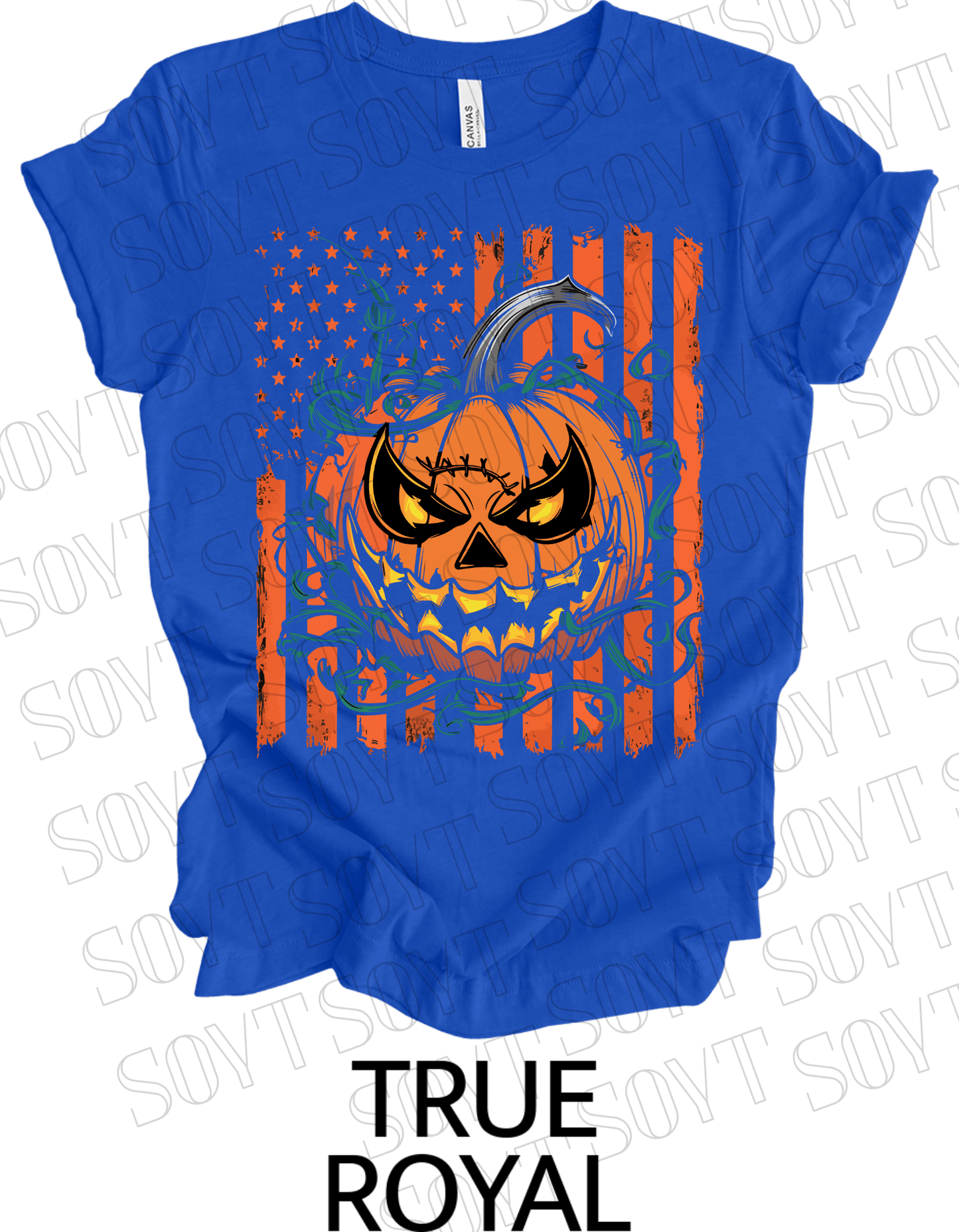 Fierce Jack - O’ - Lantern T-Shirt – Halloween Pumpkin Face with American Flag Graphic Tee - Festive Apparel StoreRoyal Blue