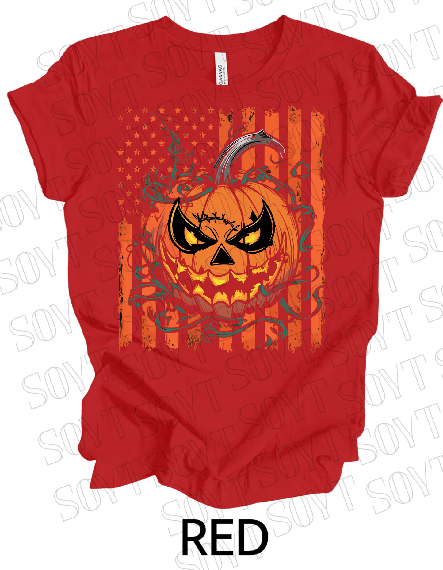Fierce Jack - O’ - Lantern T-Shirt – Halloween Pumpkin Face with American Flag Graphic Tee - Festive Apparel StoreRed