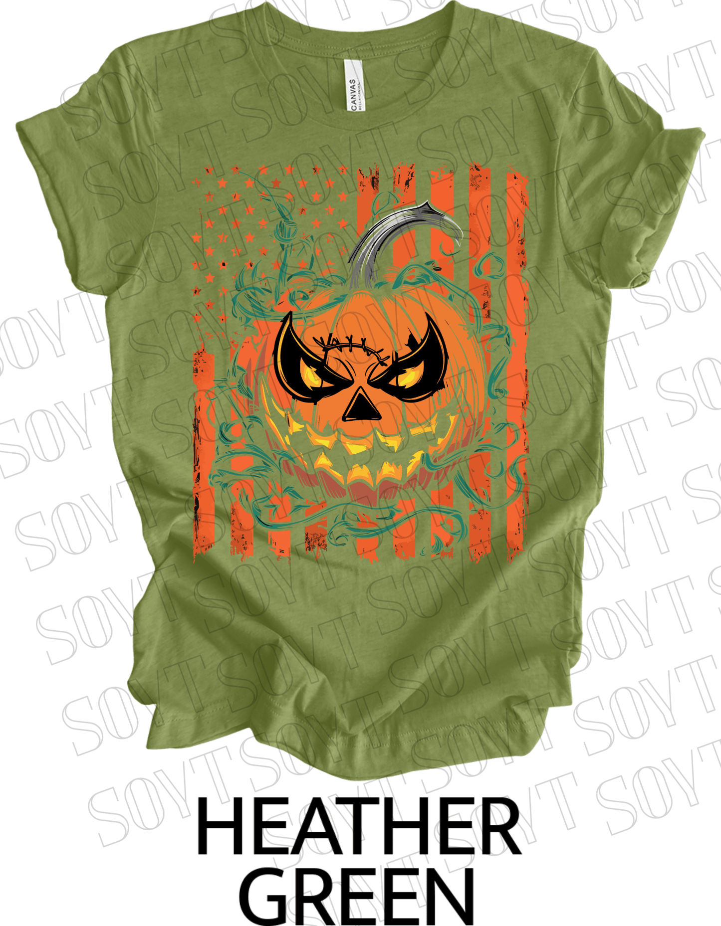Fierce Jack - O’ - Lantern T-Shirt – Halloween Pumpkin Face with American Flag Graphic Tee - Festive Apparel StoreHeather Green