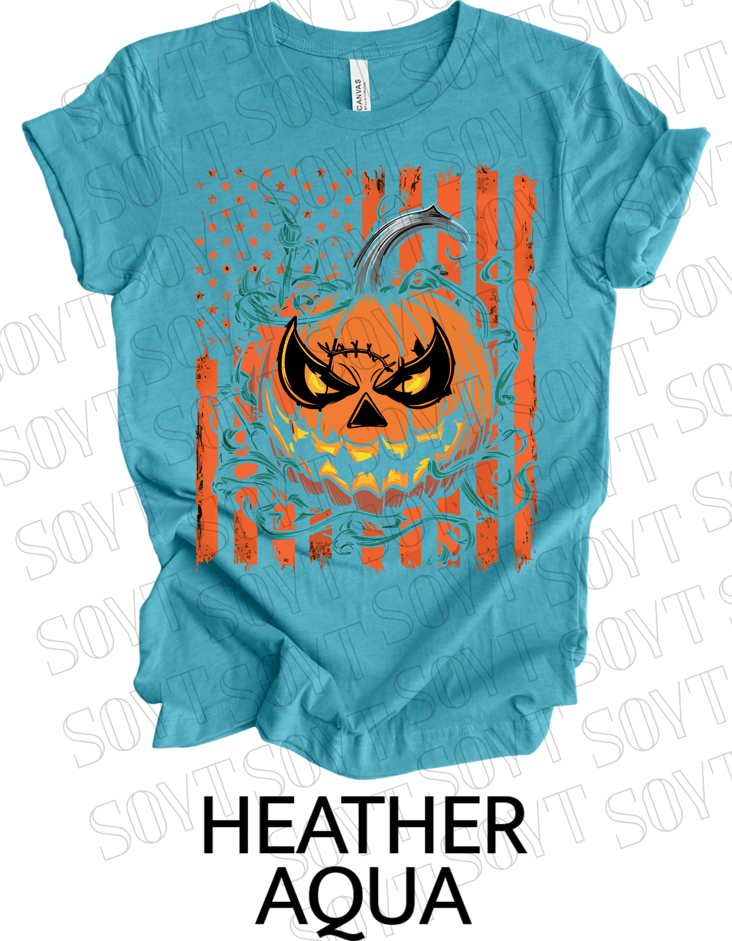 Fierce Jack - O’ - Lantern T-Shirt – Halloween Pumpkin Face with American Flag Graphic Tee - Festive Apparel StoreHeather Aqua