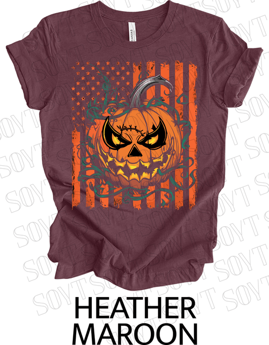 Fierce Jack - O’ - Lantern T-Shirt – Halloween Pumpkin Face with American Flag Graphic Tee - Festive Apparel StoreHeather Maroon
