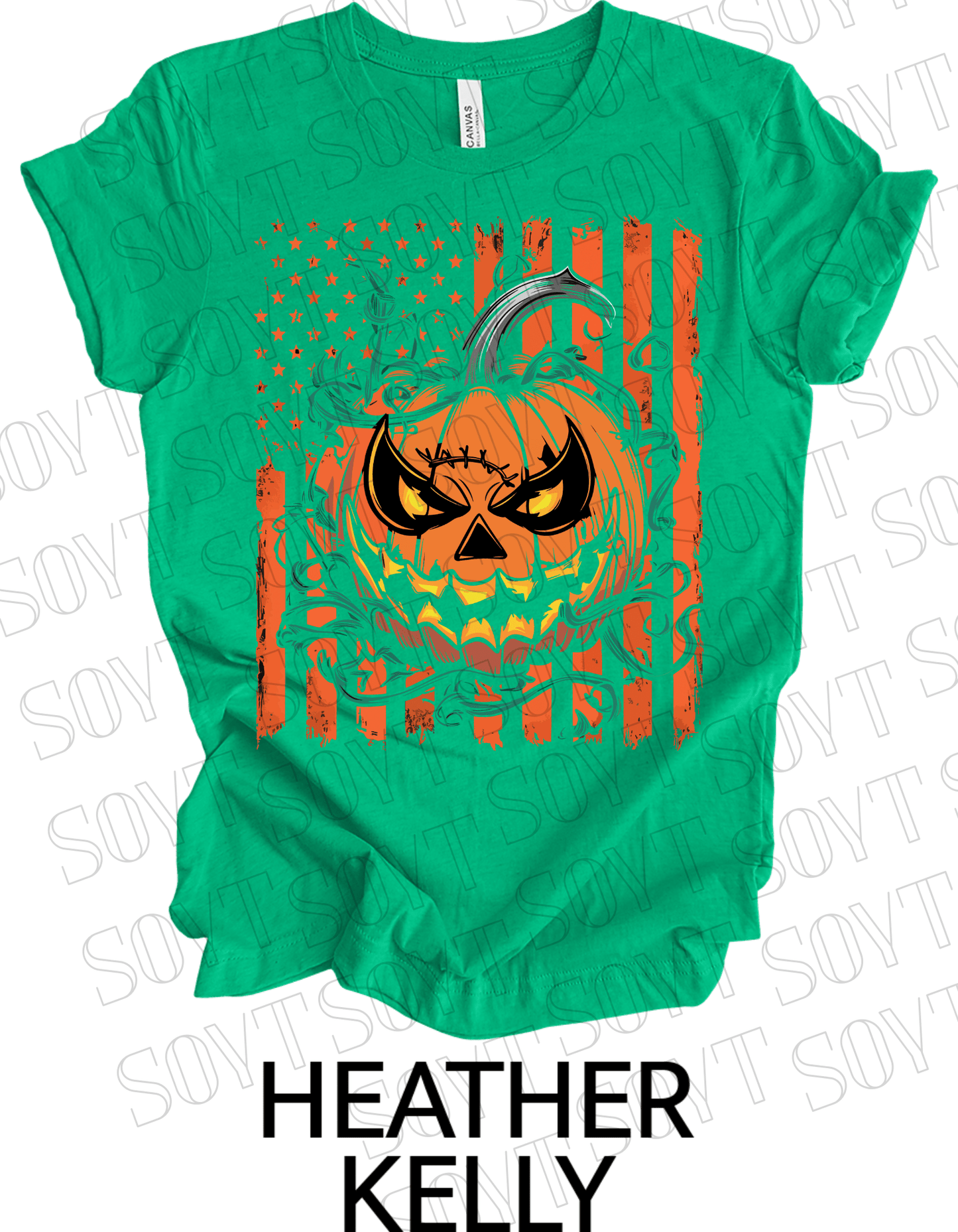Fierce Jack - O’ - Lantern T-Shirt – Halloween Pumpkin Face with American Flag Graphic Tee - Festive Apparel StoreHeather Kelly Green