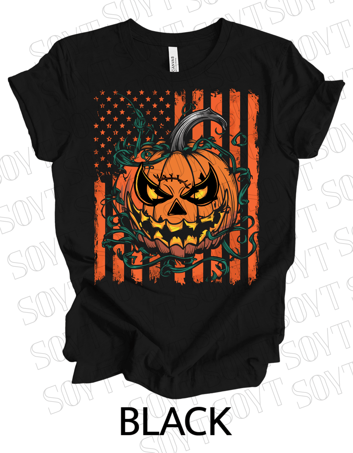 Fierce Jack - O’ - Lantern T-Shirt – Halloween Pumpkin Face with American Flag Graphic Tee - Festive Apparel StoreBlack