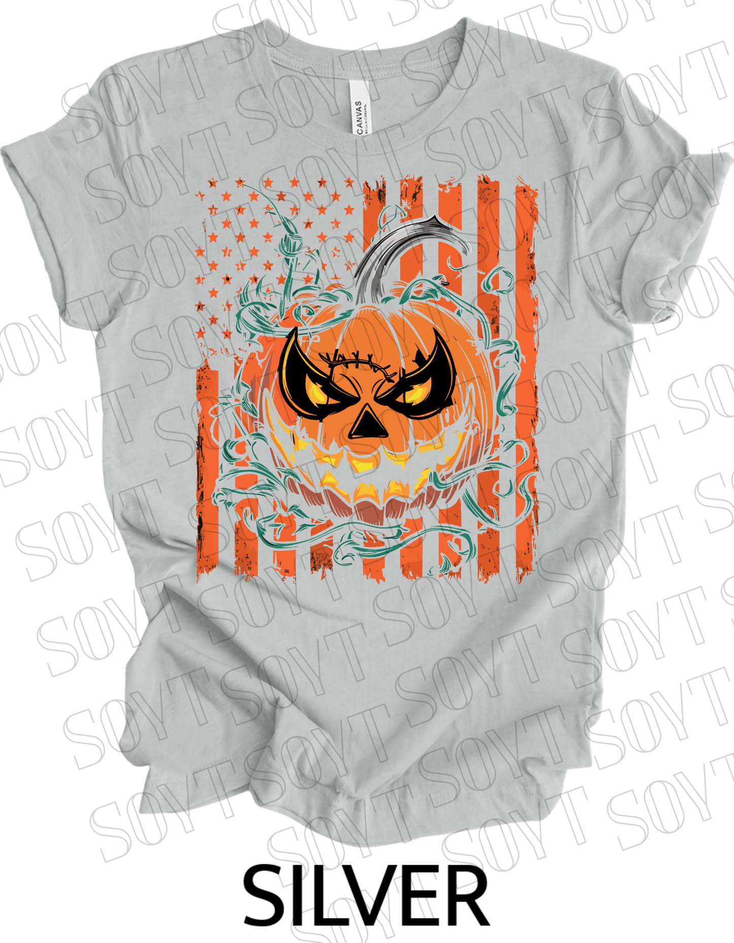 Fierce Jack - O’ - Lantern T-Shirt – Halloween Pumpkin Face with American Flag Graphic Tee - Festive Apparel StoreSilver