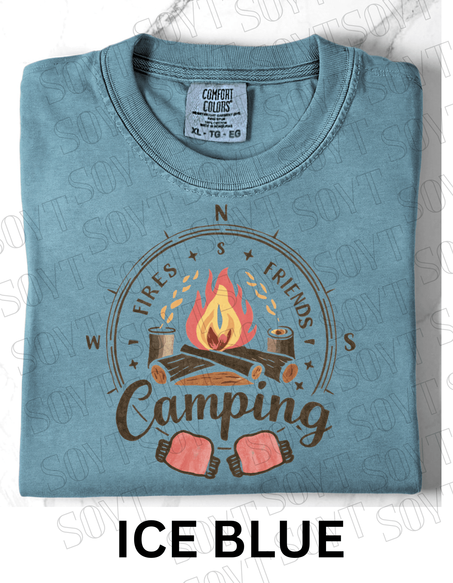 Fires Friends Camping T-Shirt – Compass Campfire Graphic Tee - Festive Apparel StoreIce Blue