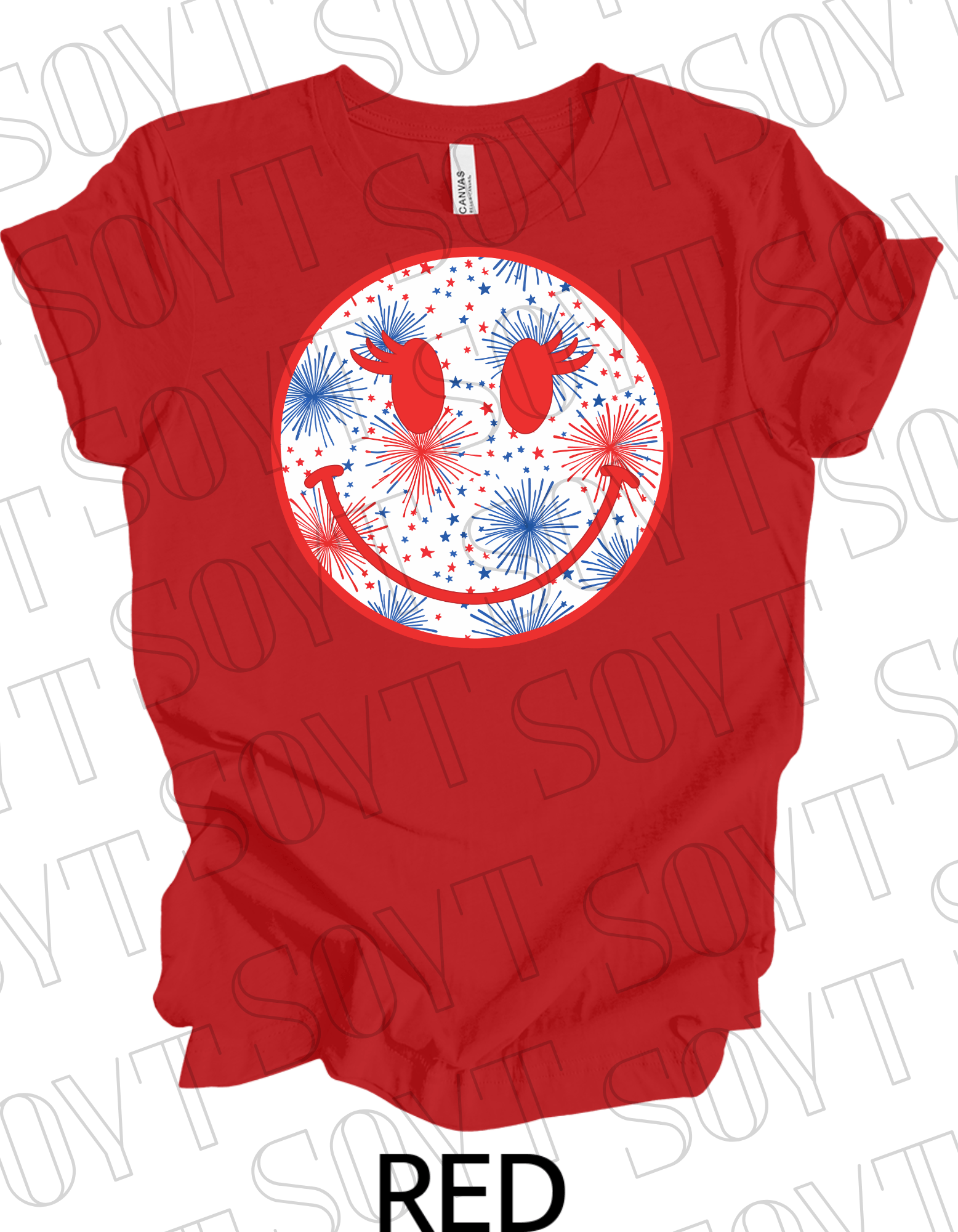 Fireworks Smiley Face T-Shirt – Bella+Canvas Fun Patriotic Graphic Tee - Festive Apparel StoreRed