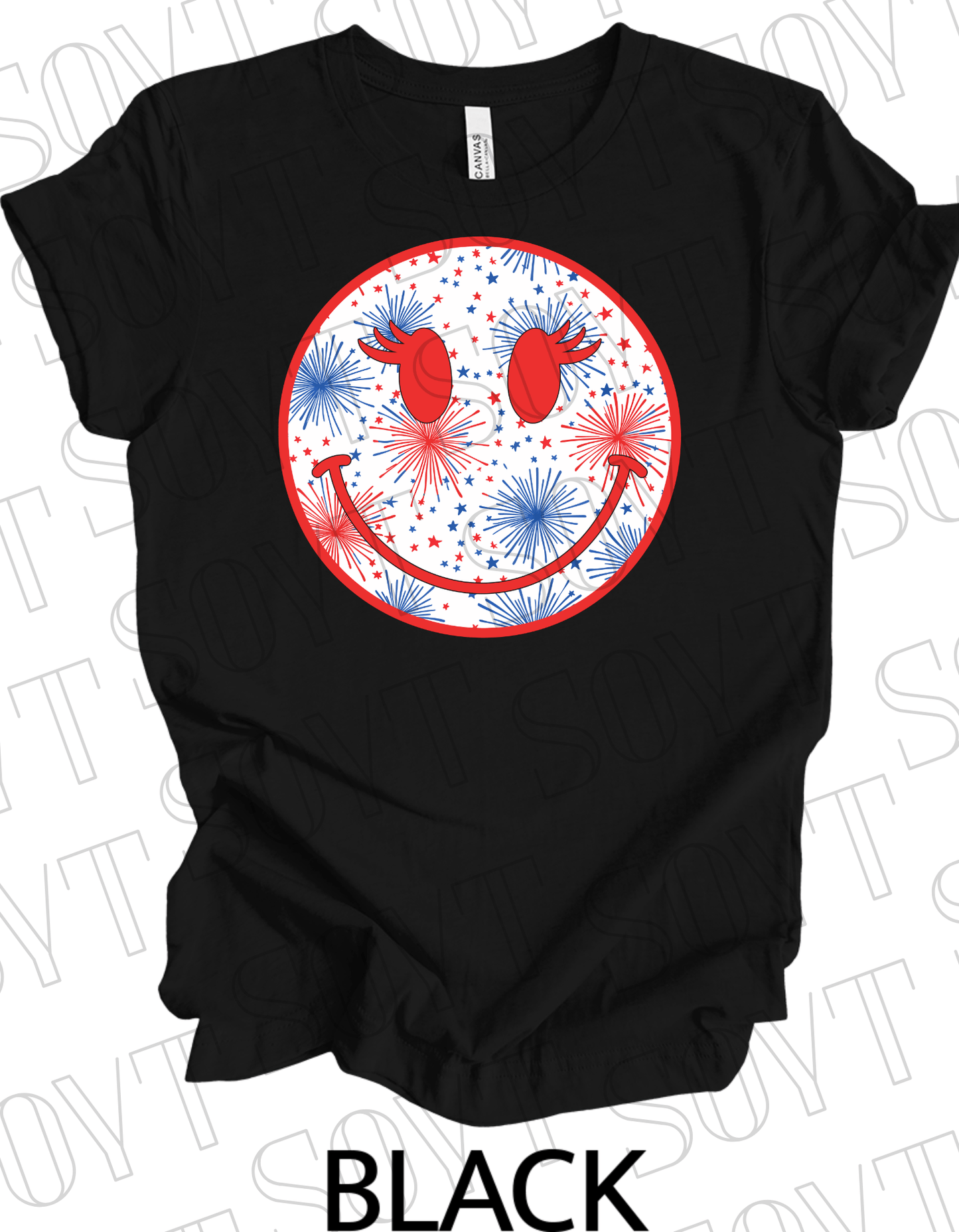 Fireworks Smiley Face T-Shirt – Bella+Canvas Fun Patriotic Graphic Tee - Festive Apparel StoreBlack