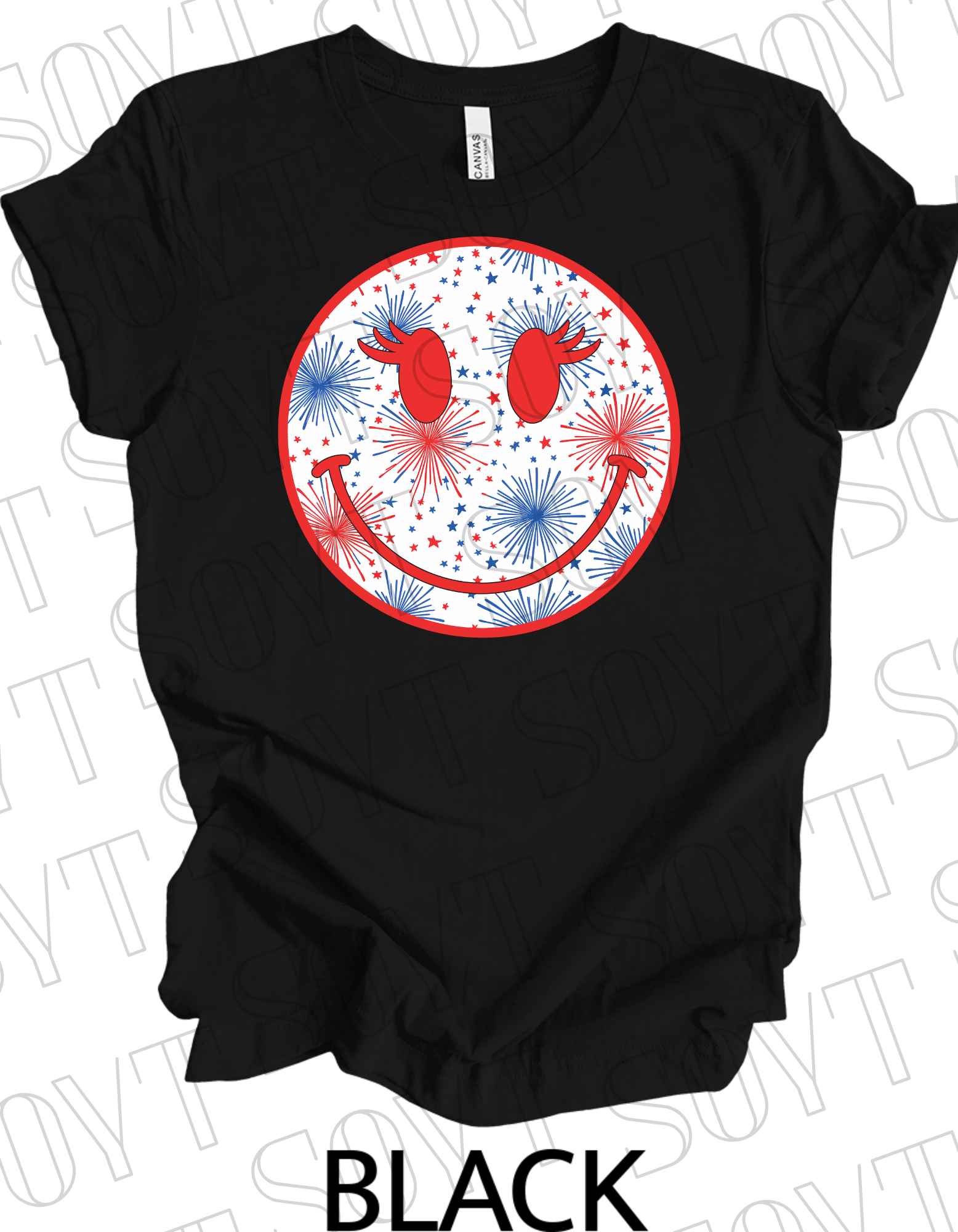 Fireworks Smiley Face T-Shirt – Bella+Canvas Fun Patriotic Graphic Tee - Festive Apparel StoreBlack