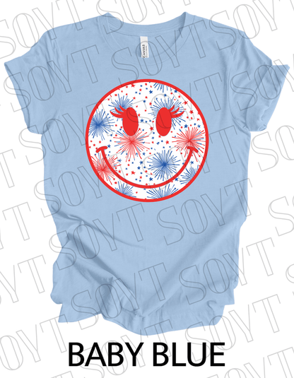 Fireworks Smiley Face T-Shirt – Bella+Canvas Fun Patriotic Graphic Tee - Festive Apparel StoreBaby Blue