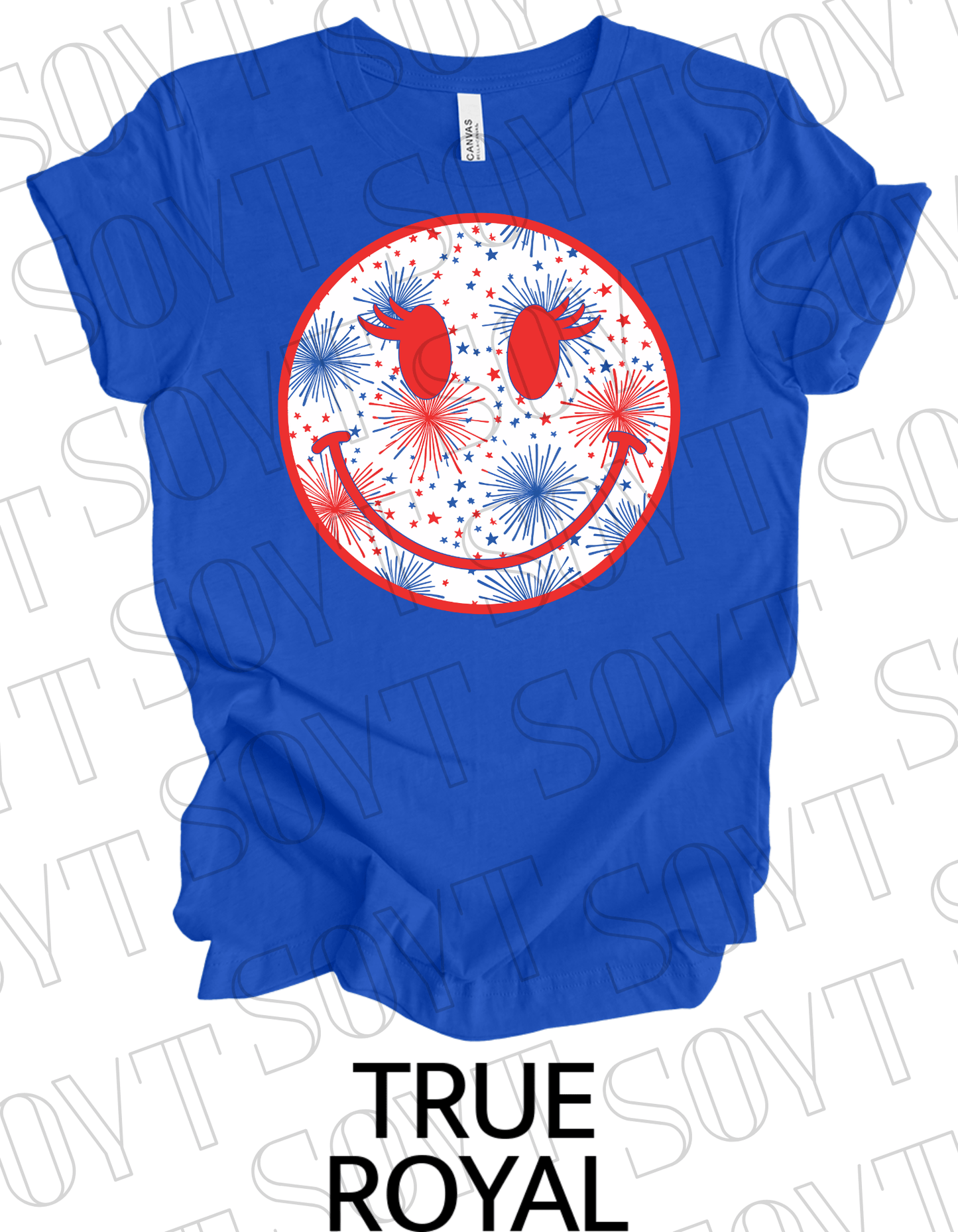 Fireworks Smiley Face T-Shirt – Bella+Canvas Fun Patriotic Graphic Tee - Festive Apparel StoreRoyal Blue