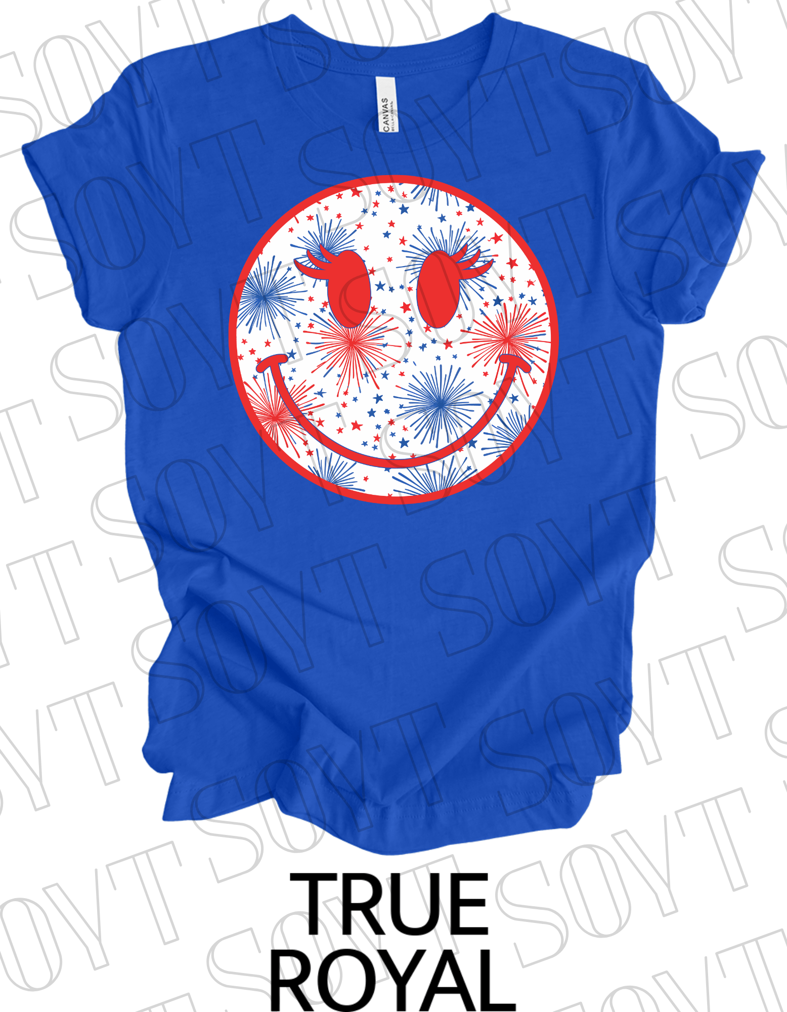 Fireworks Smiley Face T-Shirt – Bella+Canvas Fun Patriotic Graphic Tee - Festive Apparel StoreRoyal Blue