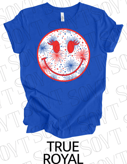 Fireworks Smiley Face T-Shirt – Bella+Canvas Fun Patriotic Graphic Tee - Festive Apparel StoreRoyal Blue