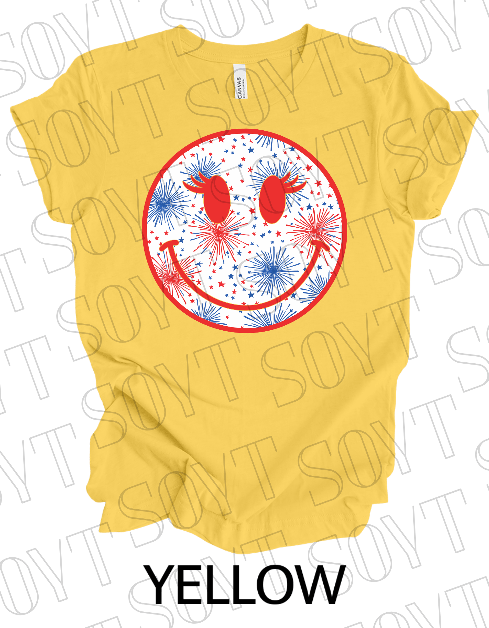 Fireworks Smiley Face T-Shirt – Bella+Canvas Fun Patriotic Graphic Tee - Festive Apparel StoreYellow