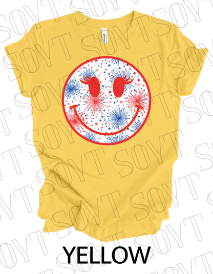 Fireworks Smiley Face T-Shirt – Bella+Canvas Fun Patriotic Graphic Tee - Festive Apparel StoreYellow